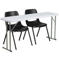 18 Inch X 60 Inch Plastic Folding Training Table With 2 Black Plastic Stack Chairs