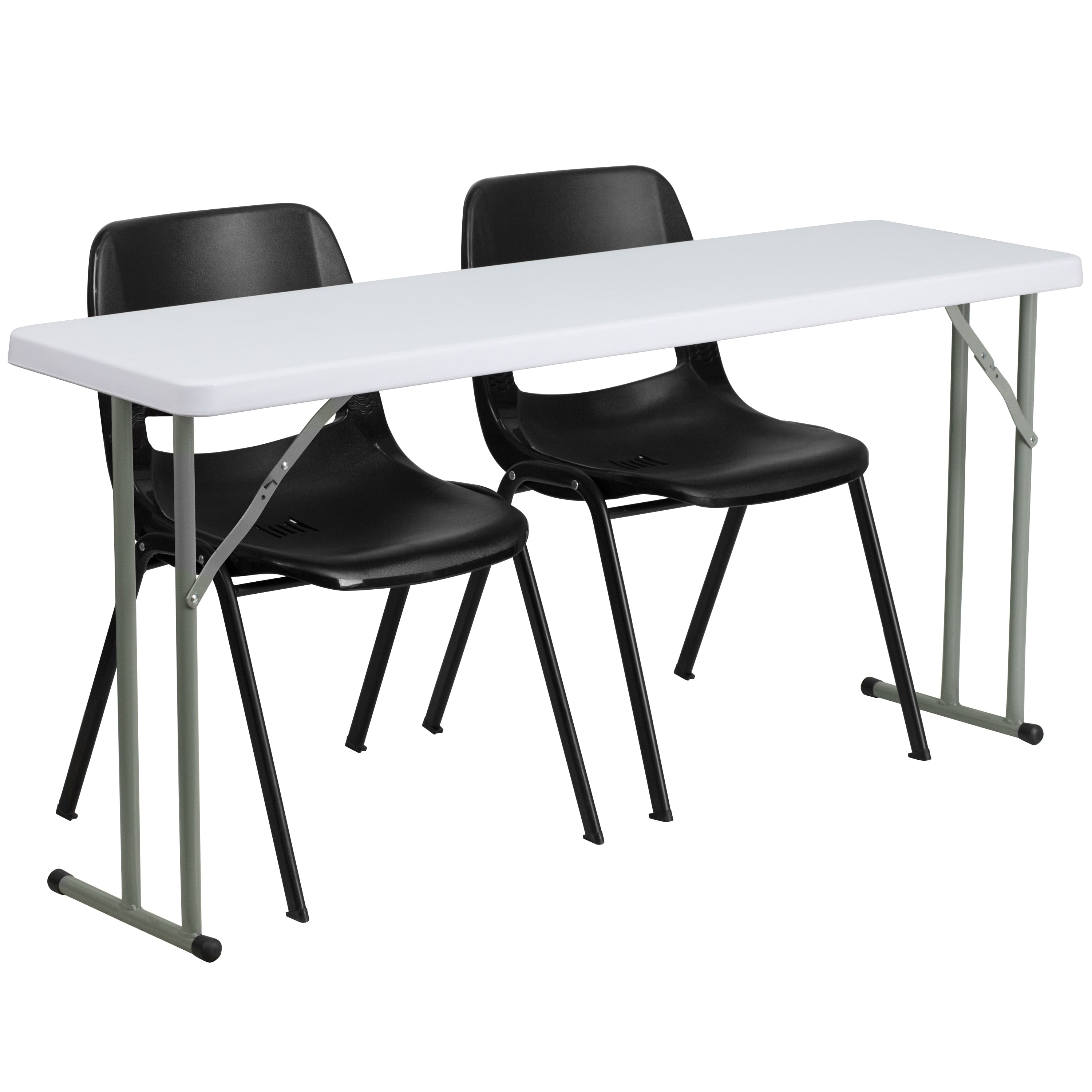 18 Inch X 60 Inch Plastic Folding Training Table With 2 Black Plastic Stack Chairs
