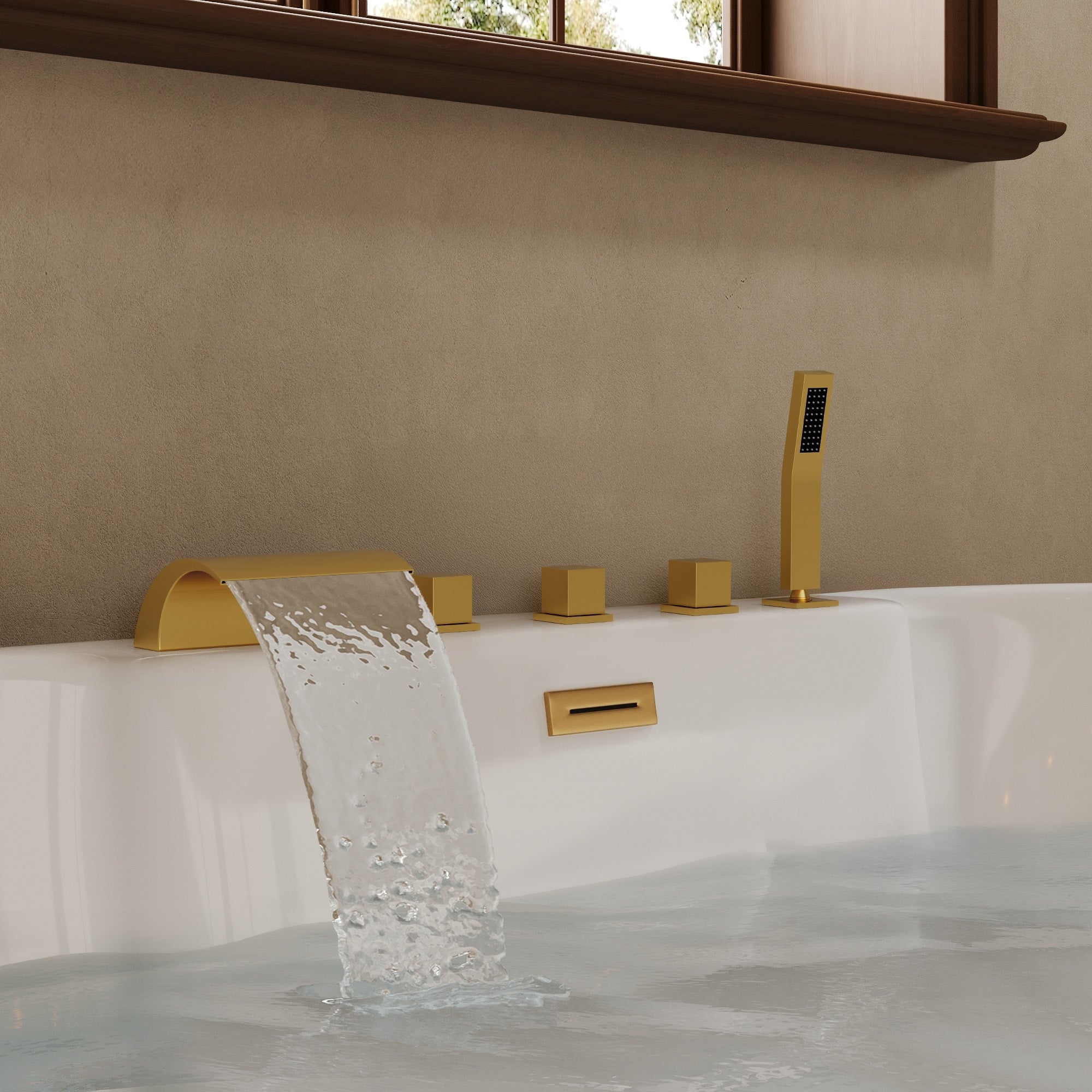 5 Hole 3 Handle Deck Mount Waterfall Tub Faucet With Hand Shower Waterfall Spout Bathtub Faucet