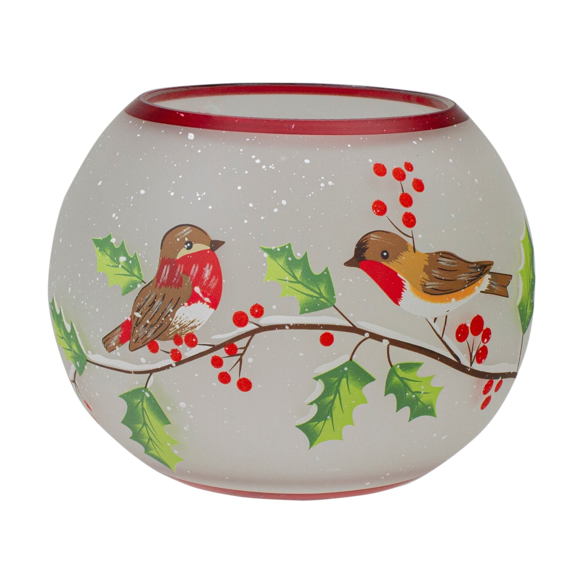 5 Inch Hand Painted Finches And Pine Flameless Glass Candle Holder