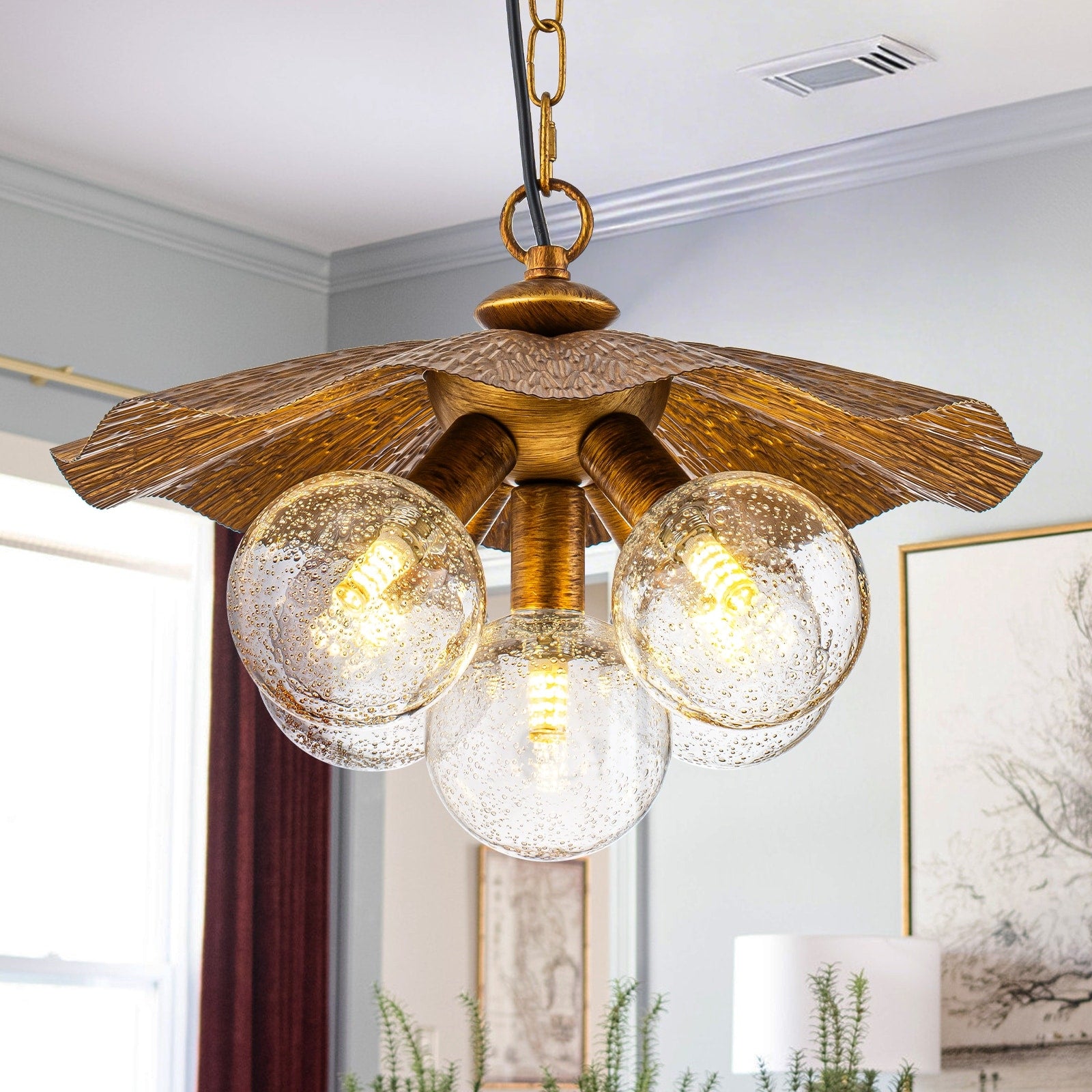 5 Light Antique Gold Pendant Light With Metal Shade Seeded Glass Globe Dia.15.35 In