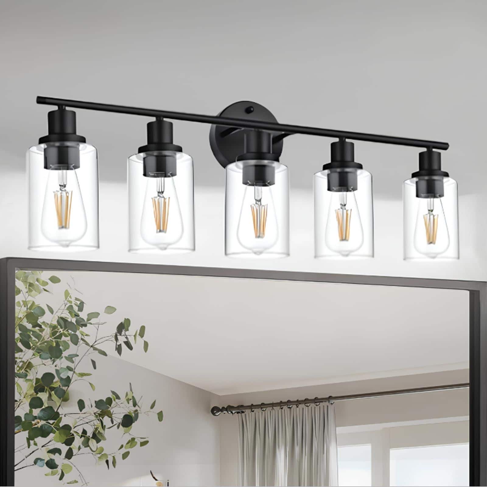 5 Light Bathroom Light Fixtures Brushed Nickel Modern Vanity Lights Over Mirror With Clear Glass Shade Bathroom Wall Lamp