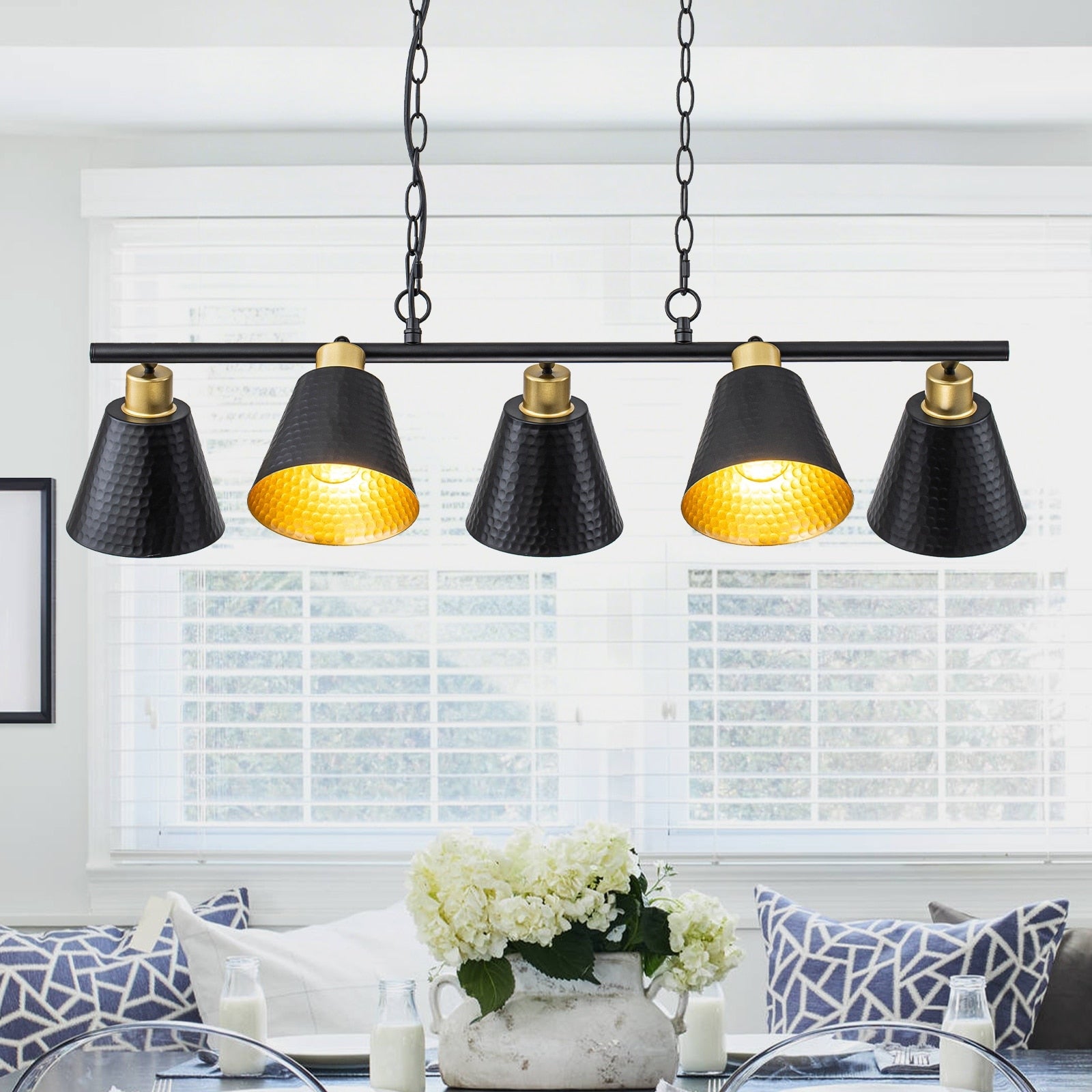 5 Light Black Linear Pendant Light With Hammered Conical Metal Shades W 35.43 In