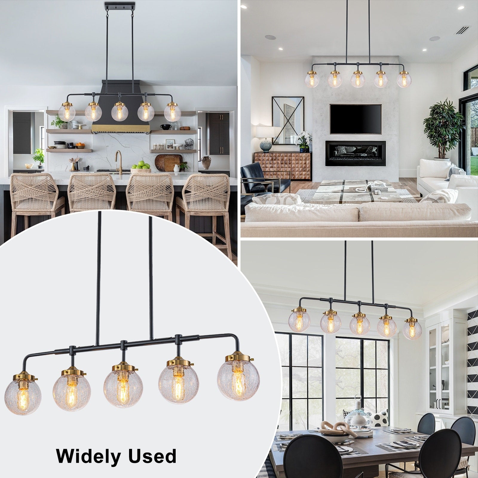 5 Light Crackled Glass Globe Linear Island Pendant Light Modern Dia.38.19 In