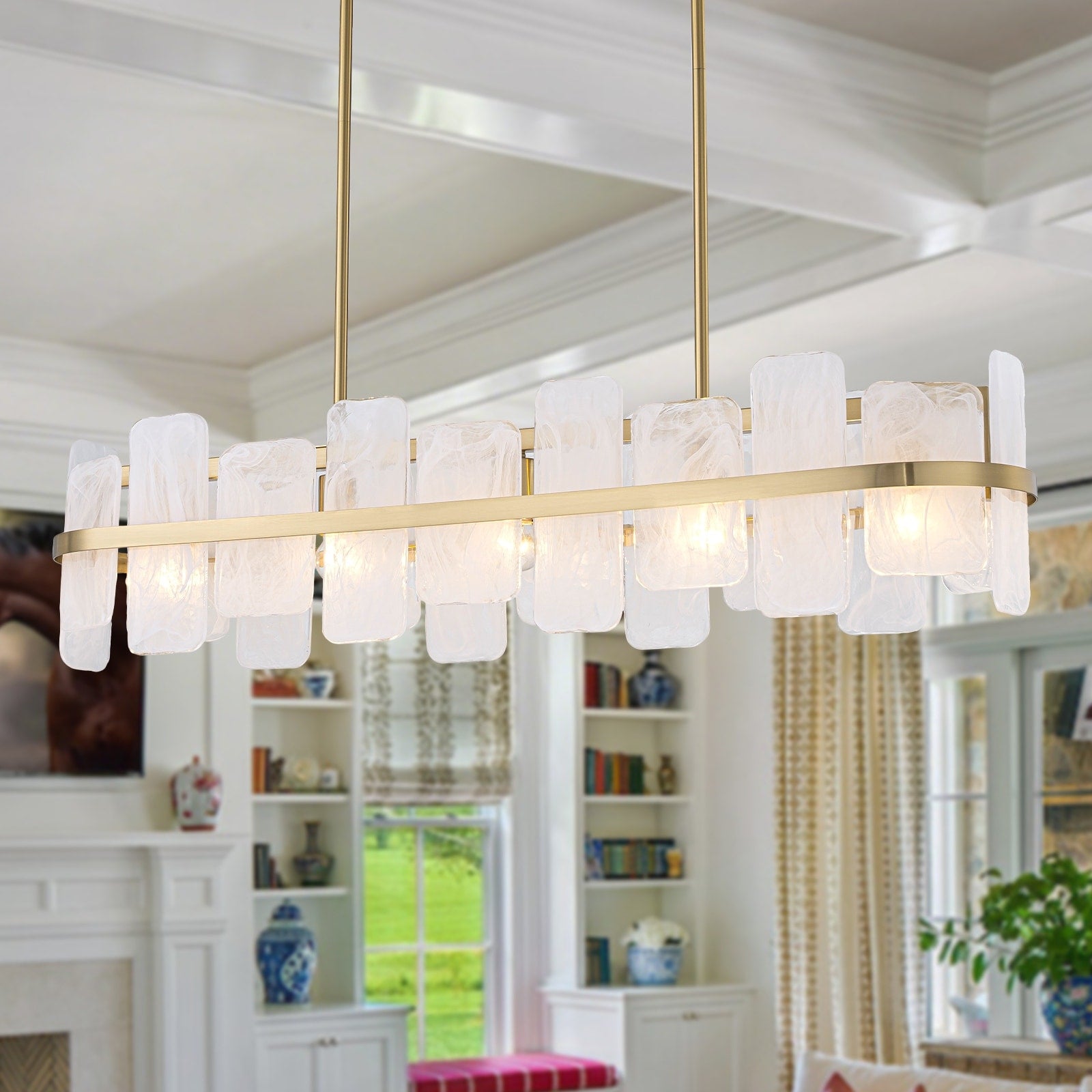 5 Light Gold Linear Chandelier Textured White Glass Kitchen Island W 37 In
