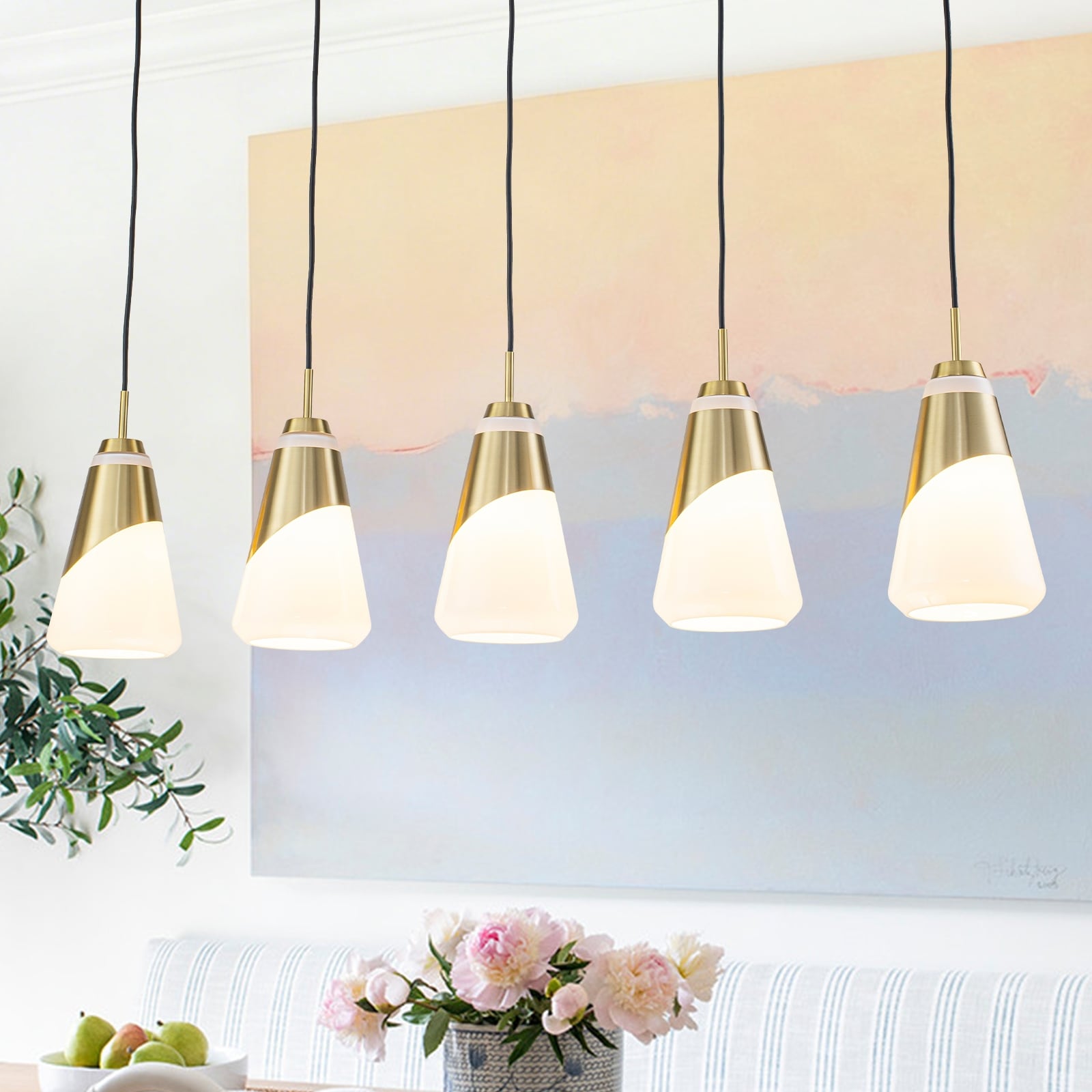 5 Light Gold Pendant Light With White Opal Glass Cone Shades W 45.43 In