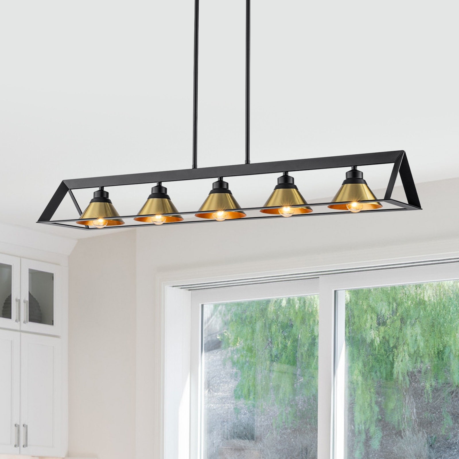 5 Light Matte Black Linear Chandelier Brass Conical Shades Kitchen W 40.55 In