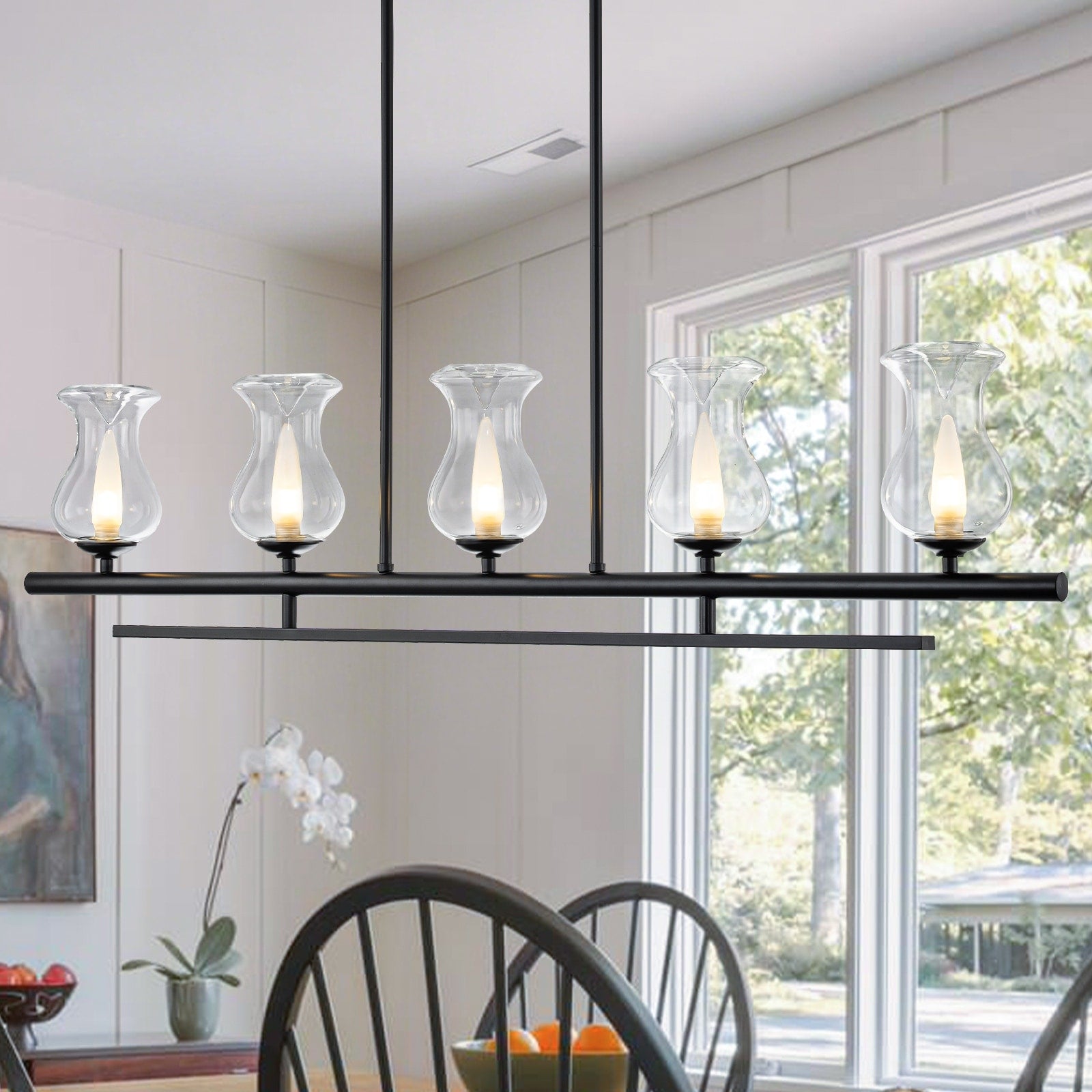 5 Light Matte Black Linear Pendant Light With Clear Tulip Glass Shades W 48.03 In