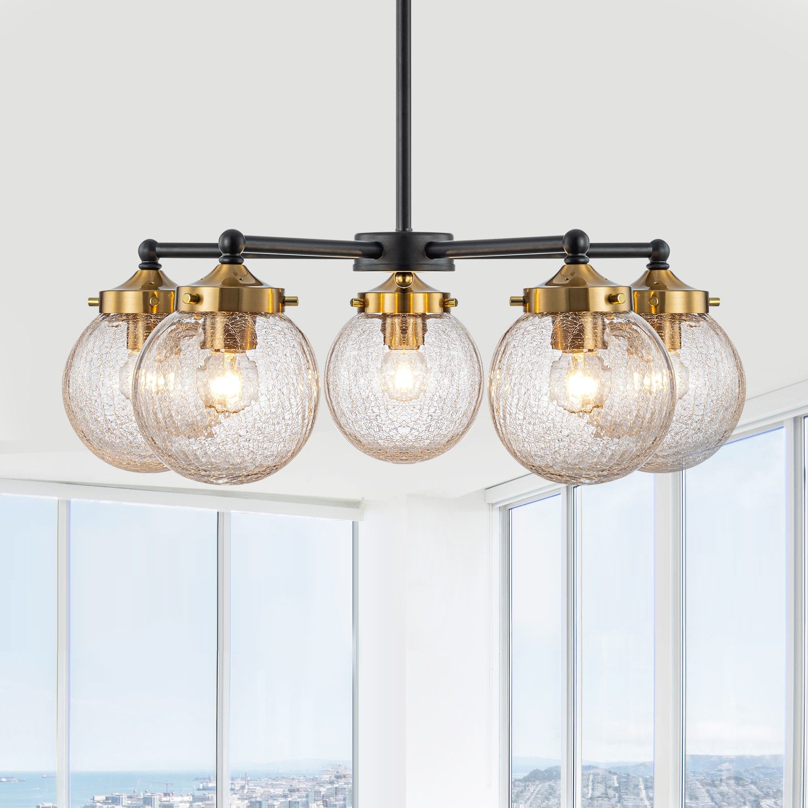 5 Light Modern Branch Chandelier With Clear Crackled Glass Globes Dia.22.44 In