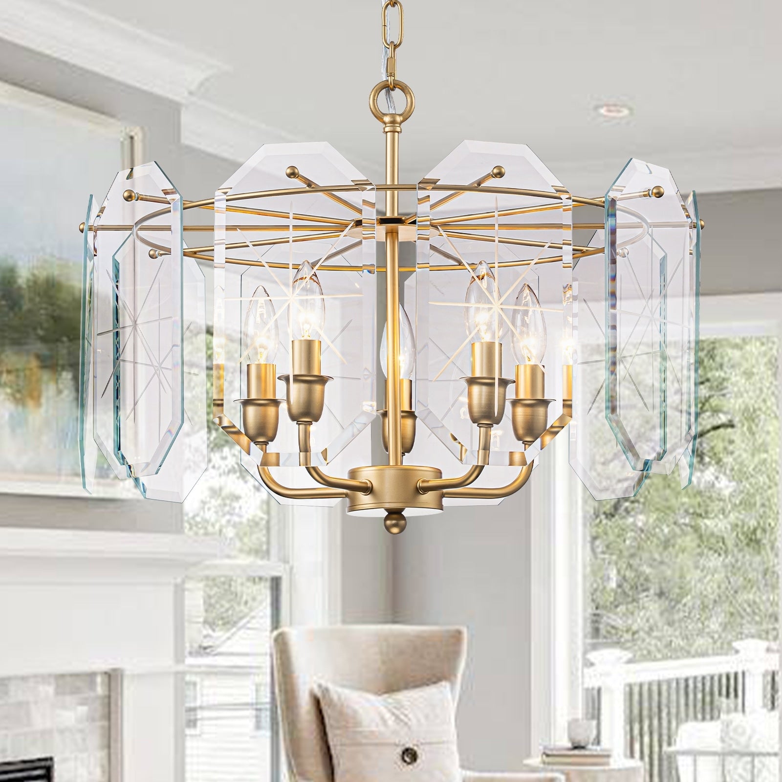 5 Light Modern Chandelier Etched Octagonal Glass Panels Gold Finish Dia.20.87 In