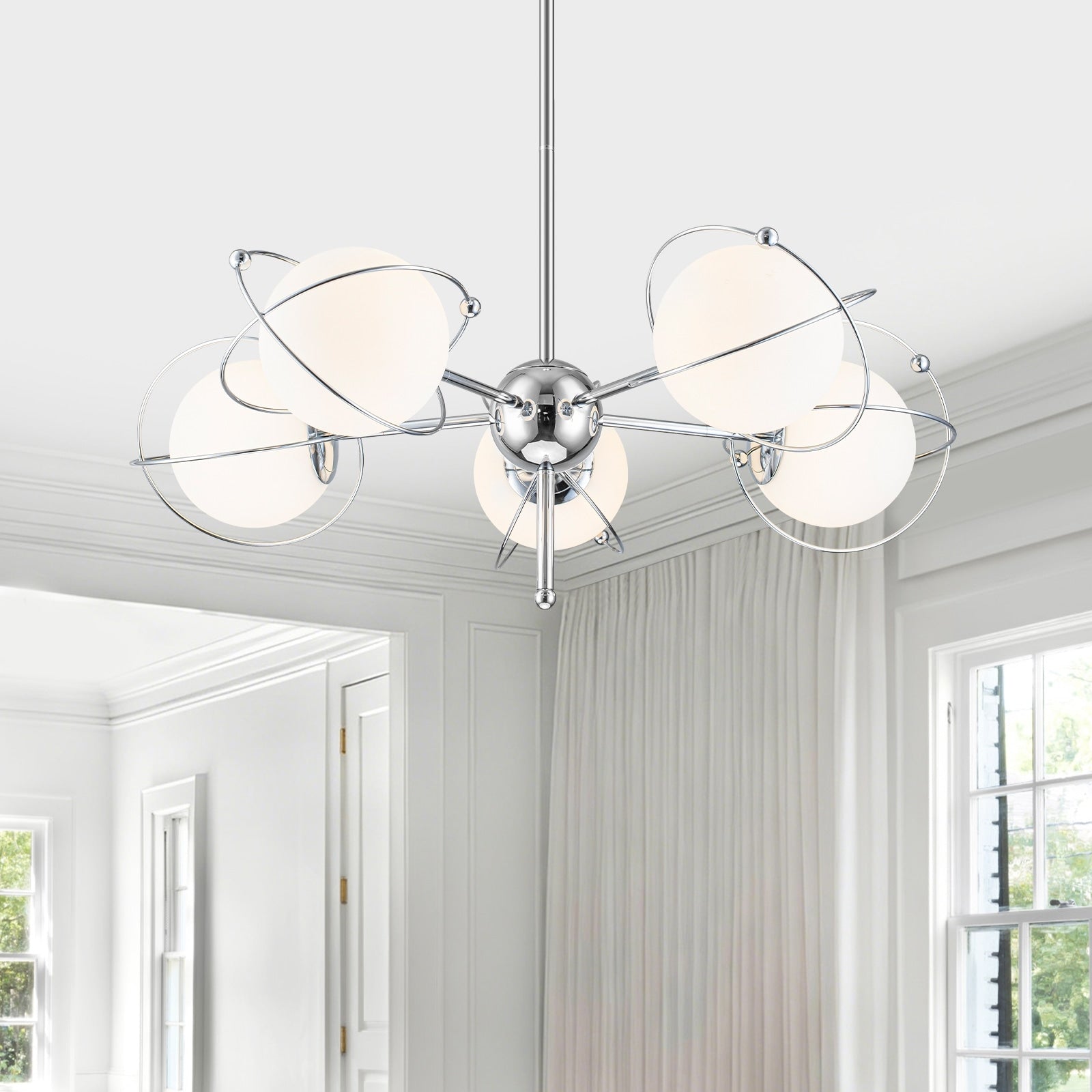 5 Light Modern Globe Chandelier Chrome Orbit Frame Opal Glass Globes Dia.30.71 In