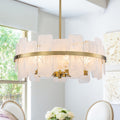 5 Light Modern Gold Round Chandelier With Clouded Glass Panels Dia.20.47 In