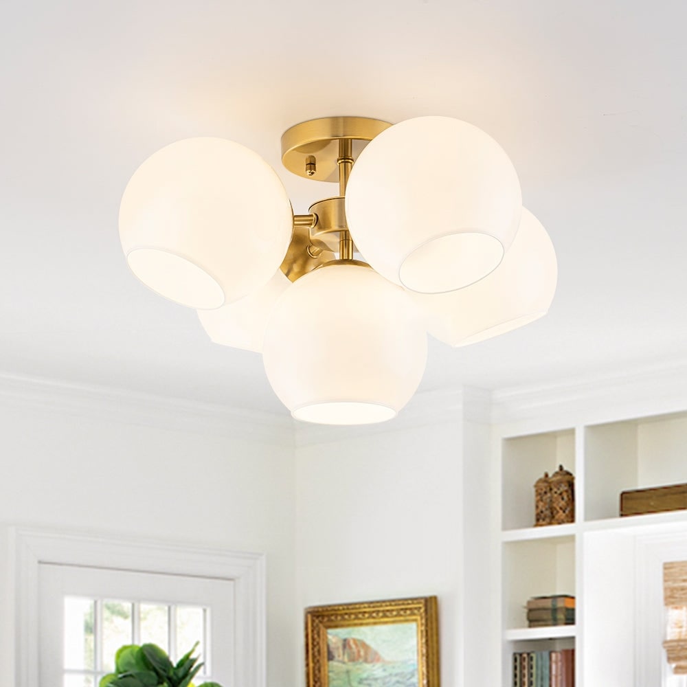 5 Light Opal Milky Glass Ceiling Light Semi Flush Mount Nursery Room 16.9 In