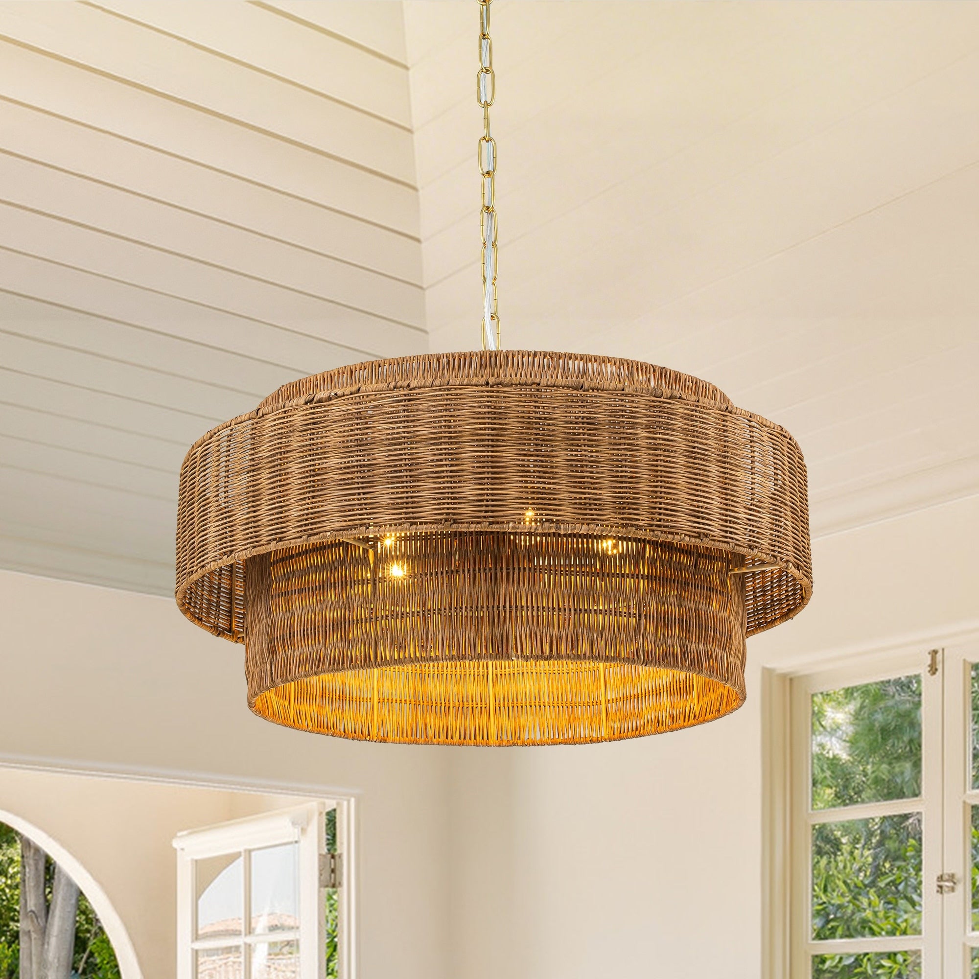 5 Light Rattan Tiered Bohemian Drum Chandelier