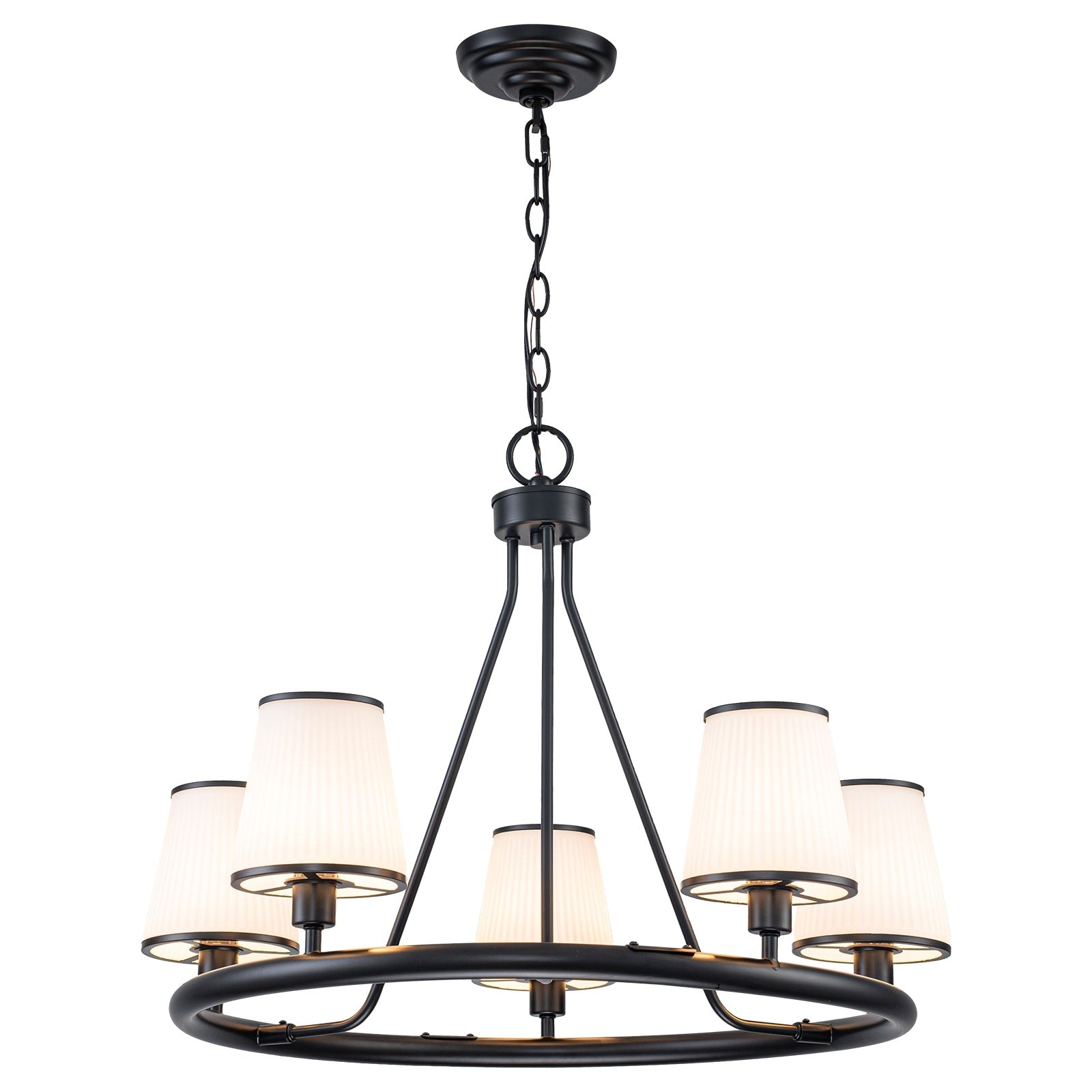 5 Light Ribbed Fabric Shade Black Circular Chandelier Traditional Dia.26.77 In