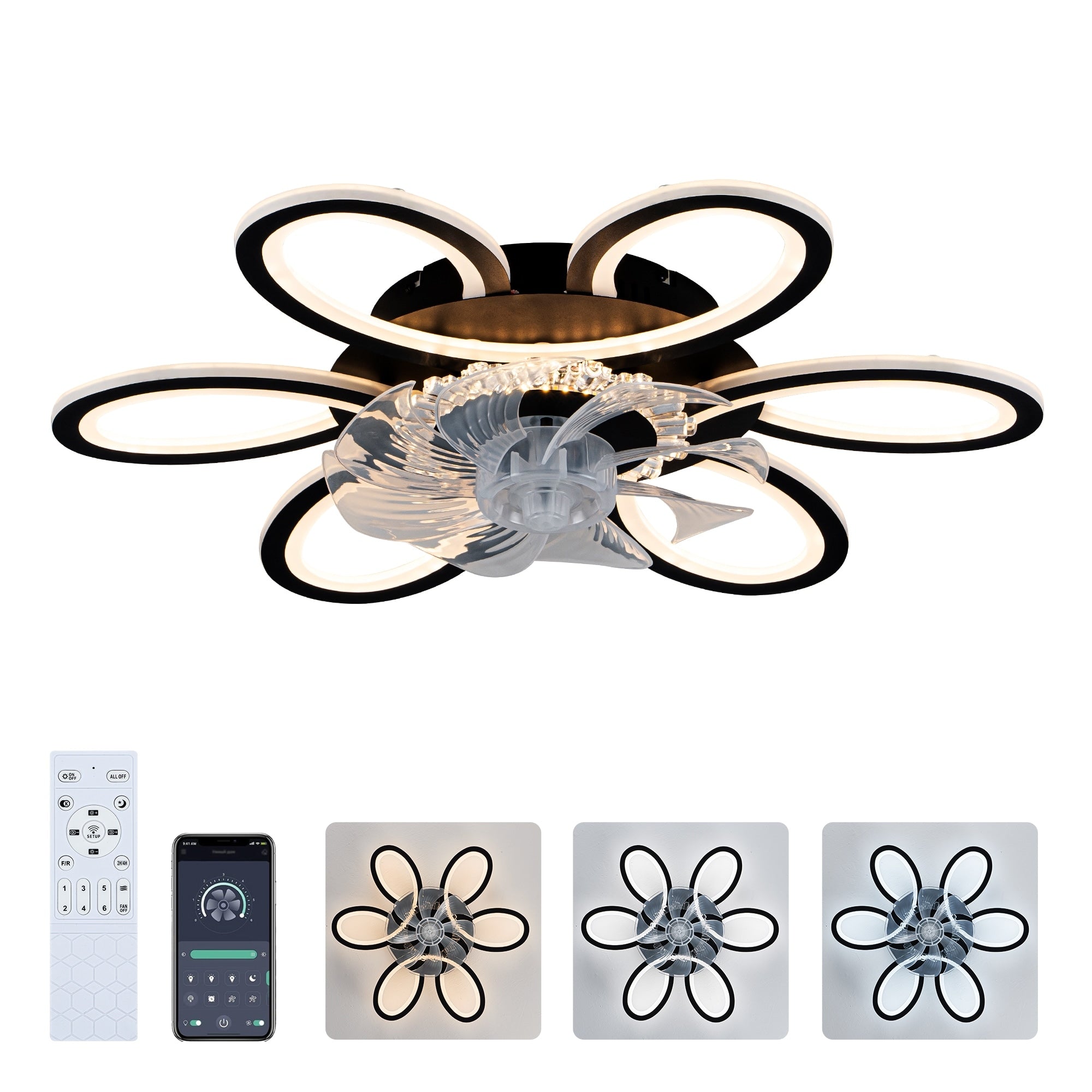 5 Pcs Blades Ceiling Fan With Lights Remote Control.29 Black 6 Speeds 3 Light Color Low Profile Flush Mount Ceiling Fan
