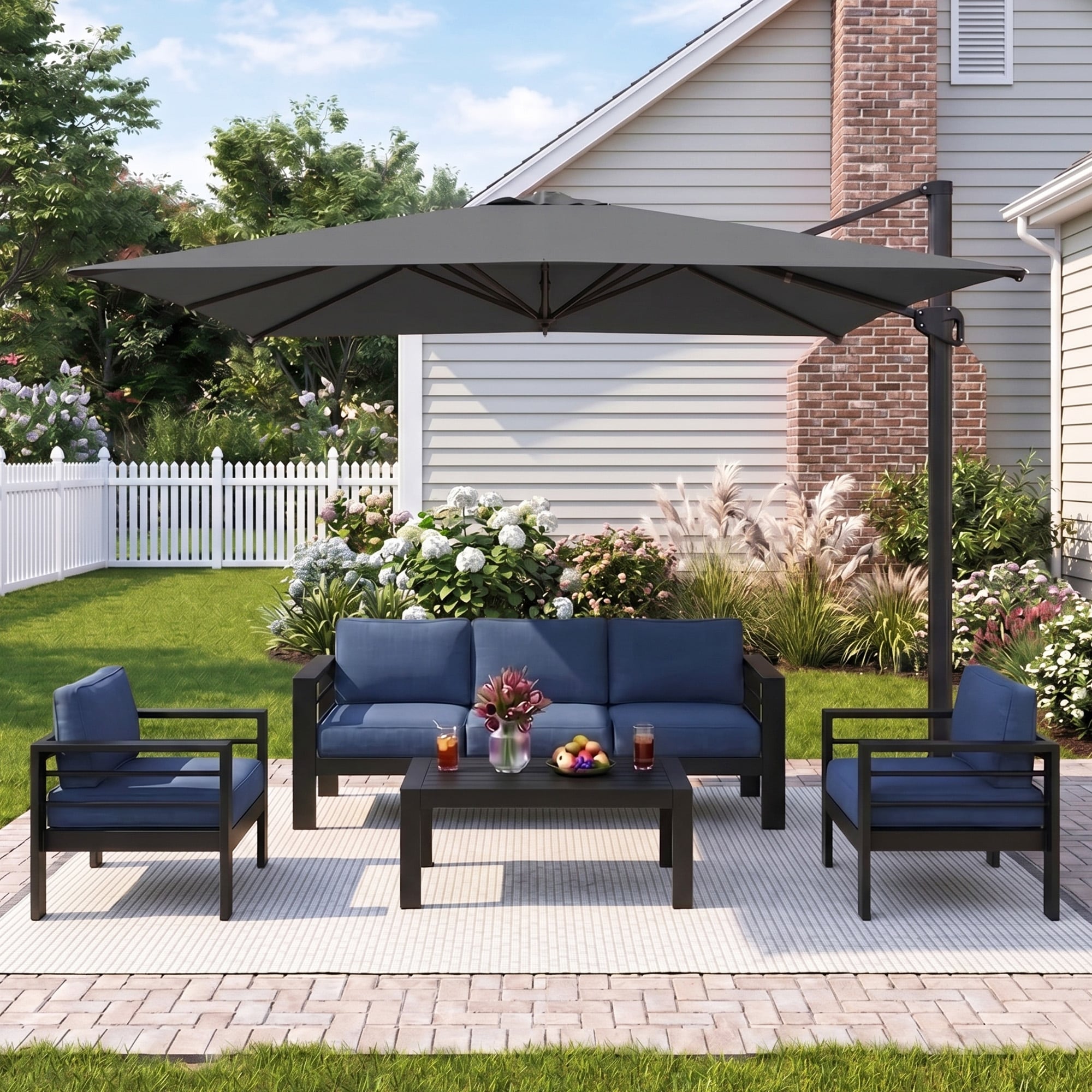 5 Piece Aluminum Patio Set With Umbrella And Armchairs Deep Cushions Gray Navy