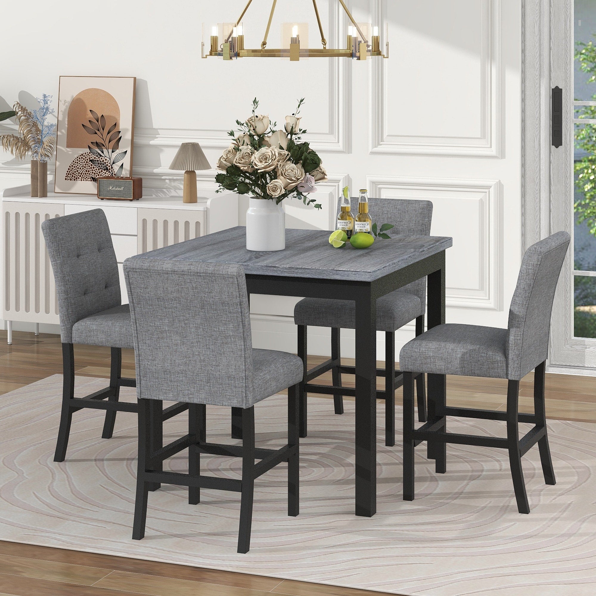 5 Piece Counter Height Dining Set Wood Square Dining Room Table And Chairs Stools 4 Upholstered High Back Chairs Black