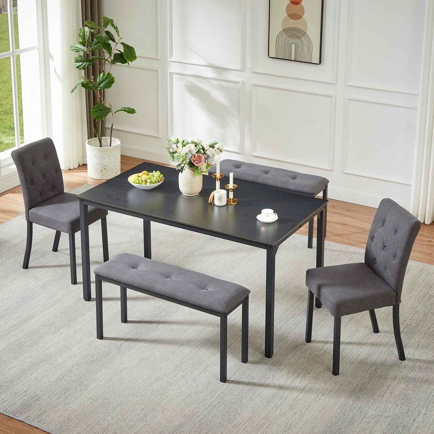 5 Piece Dining Set 58.3 Dining Table With 2 Padded Chairs And 2 Benches