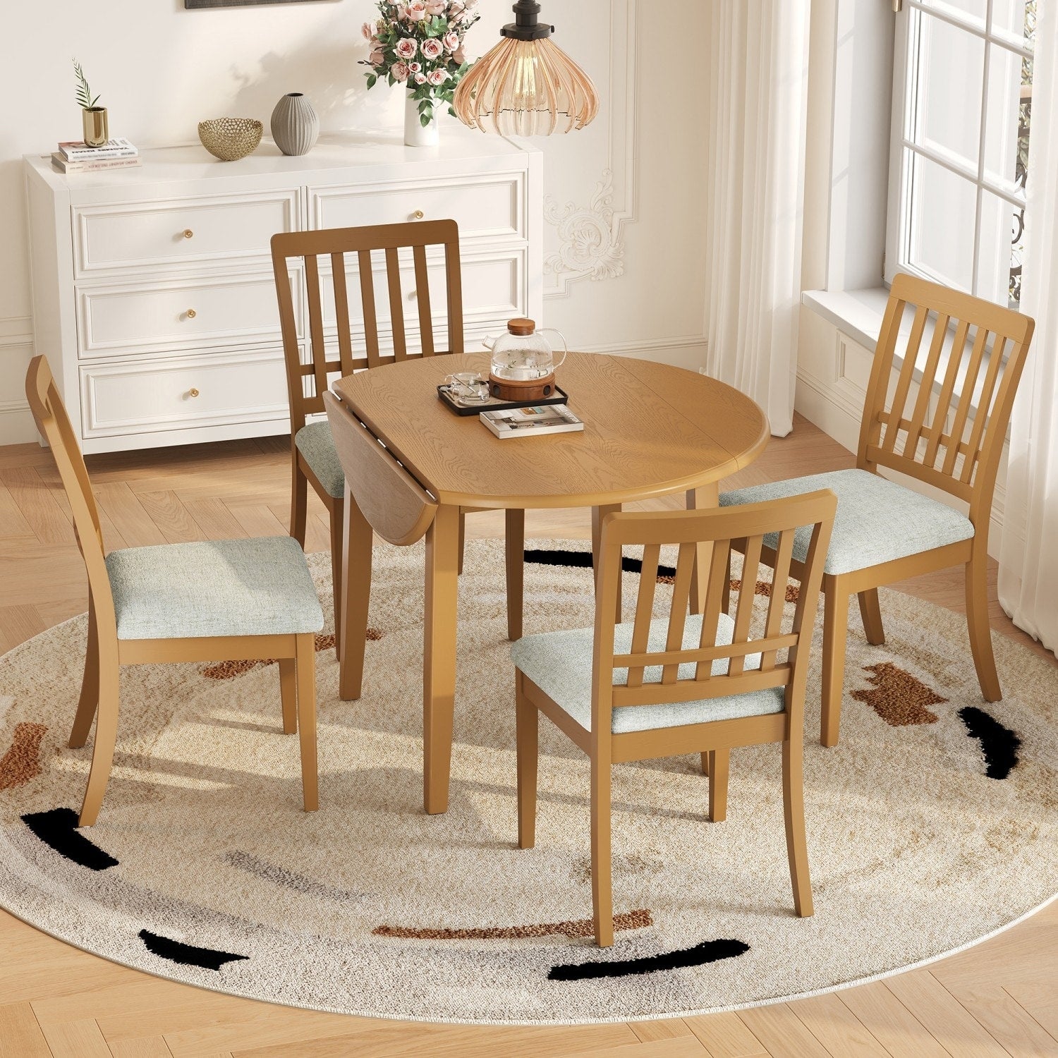 5 Piece Dining Set Folding Wood Dining Table And 4 Upholstered Chairs