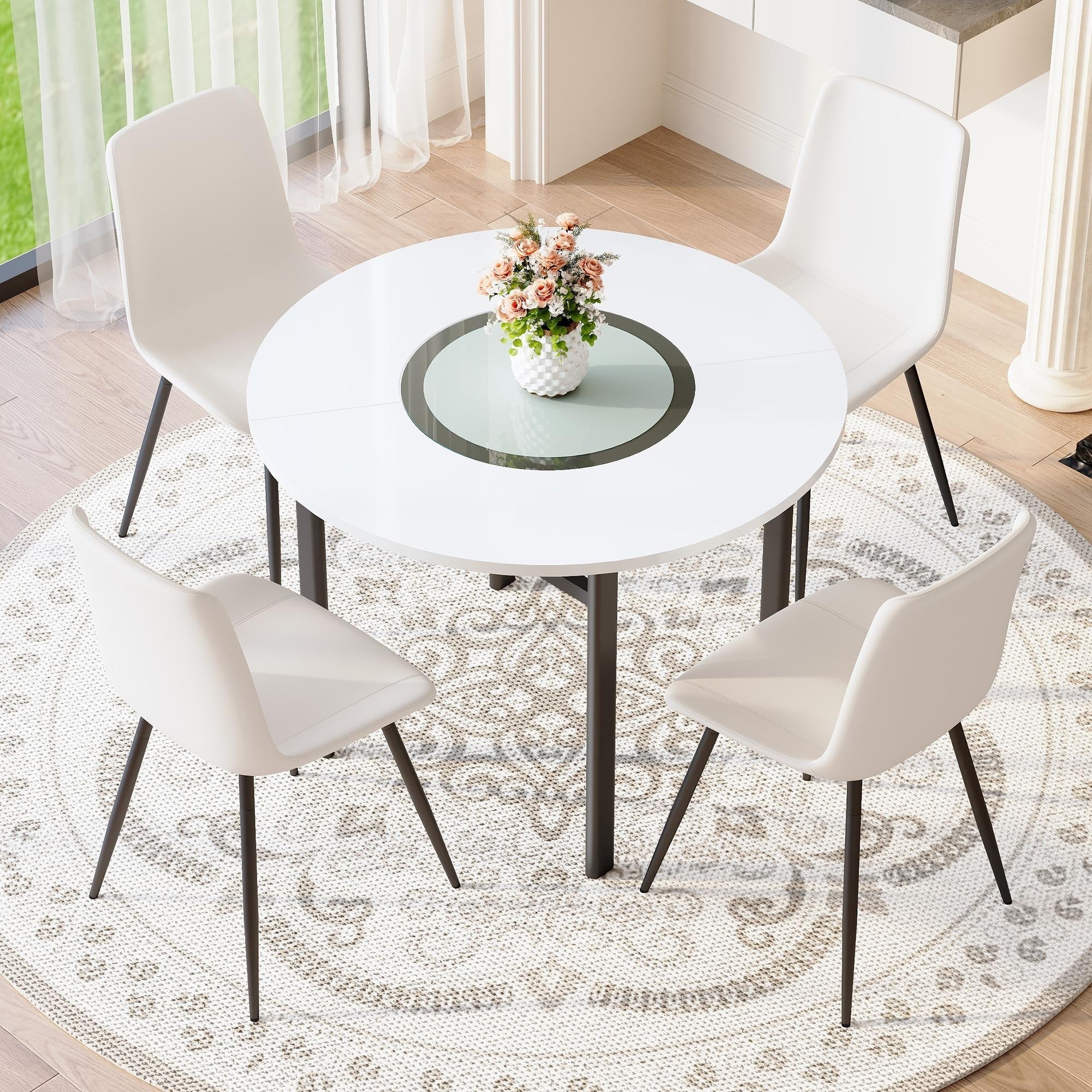 5 Piece Dining Table Set With 42 Inch Round Mdf Top Glass Insert 4 Pu Chairs