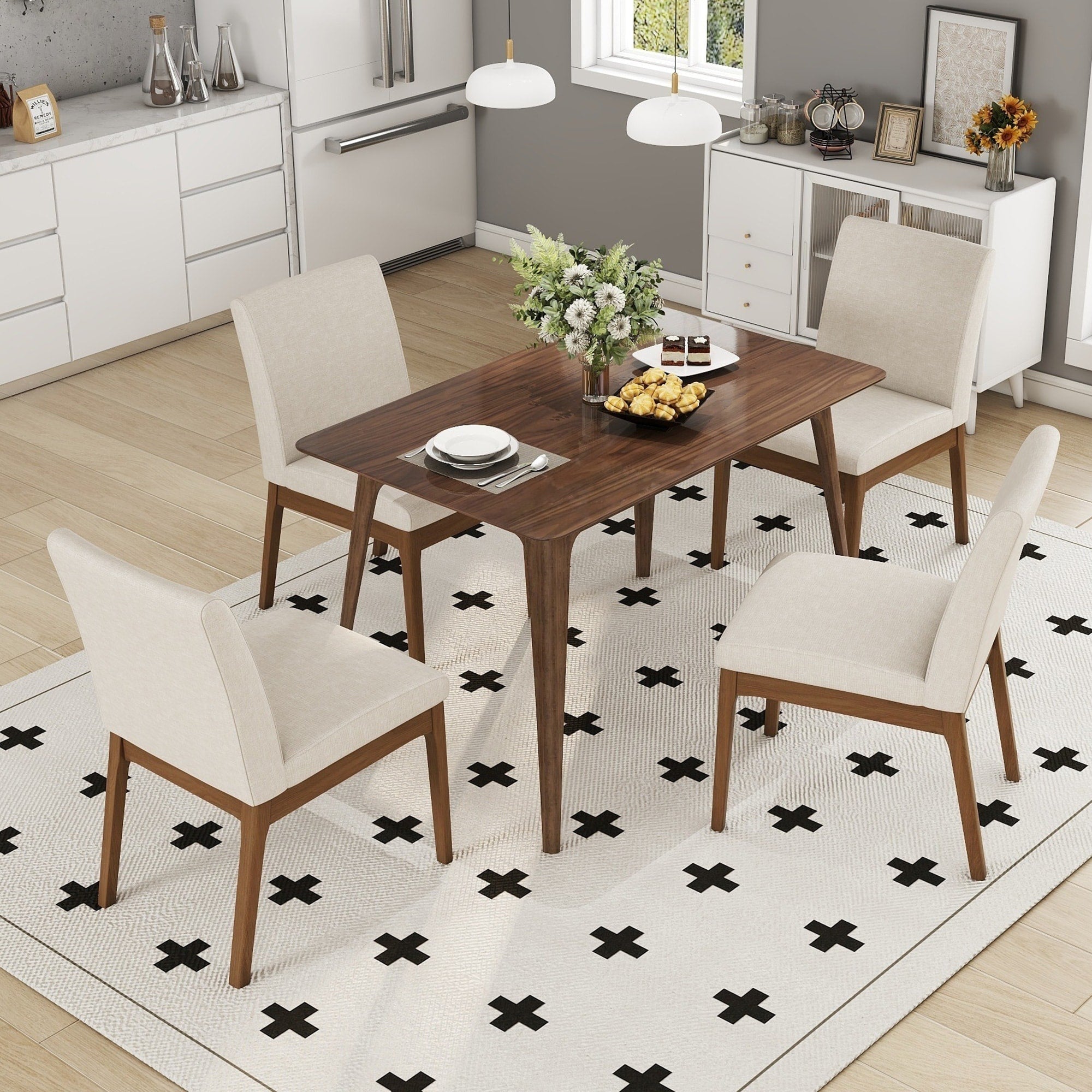 5 Piece Dining Table Set With Durable Solid Wood Frame And Comfortable Upholstered Chairs For Dining Room