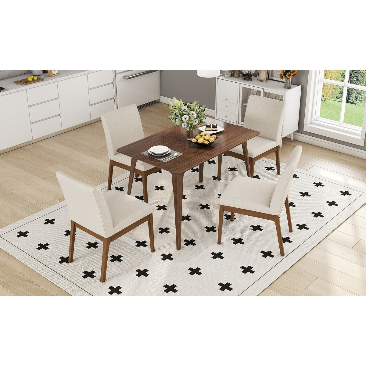 5 Piece Dining Table Set With Solid Wood Frame And Upholstered Chairs For Contemporary Dining Spaces
