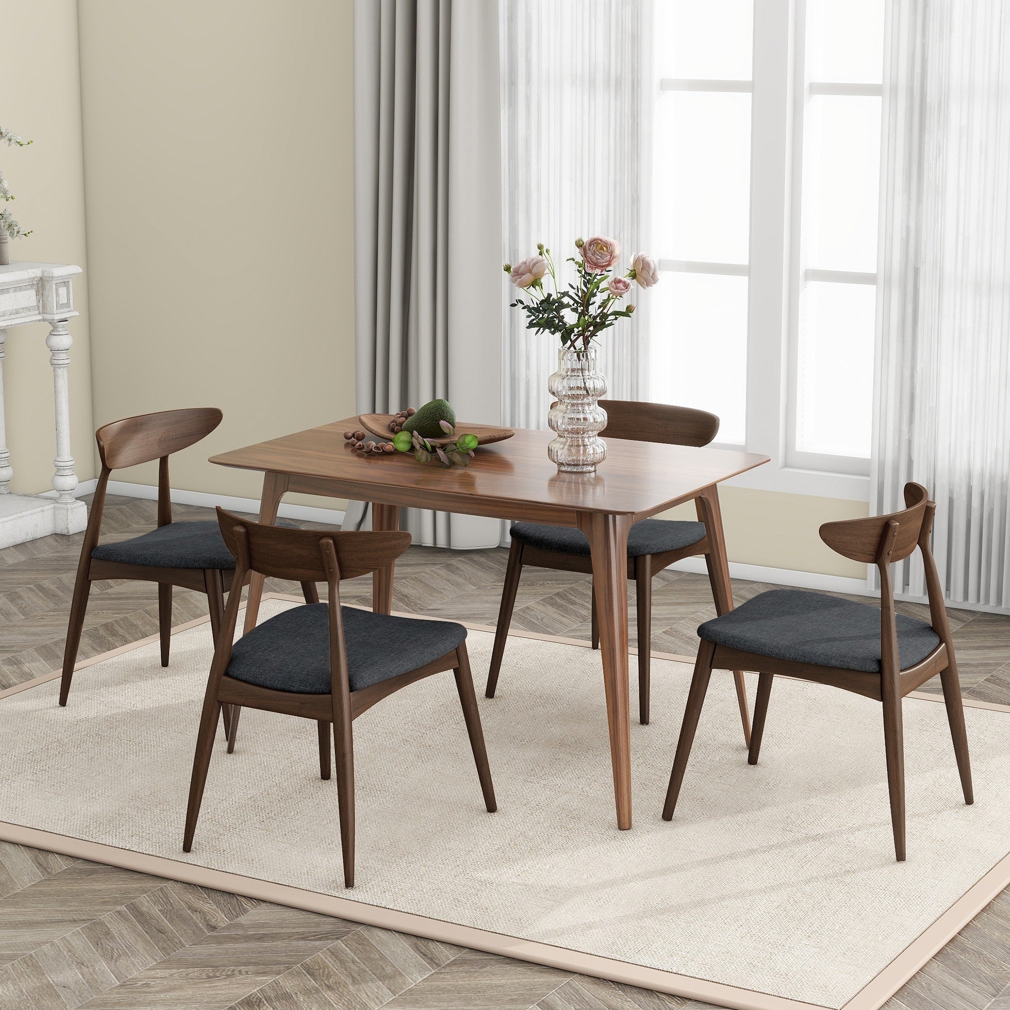 5 Piece Dining Table Set 1 Table 4 Chairs Rubberwood Frame Ergonomic Backrest Soft Cushioned Chairs