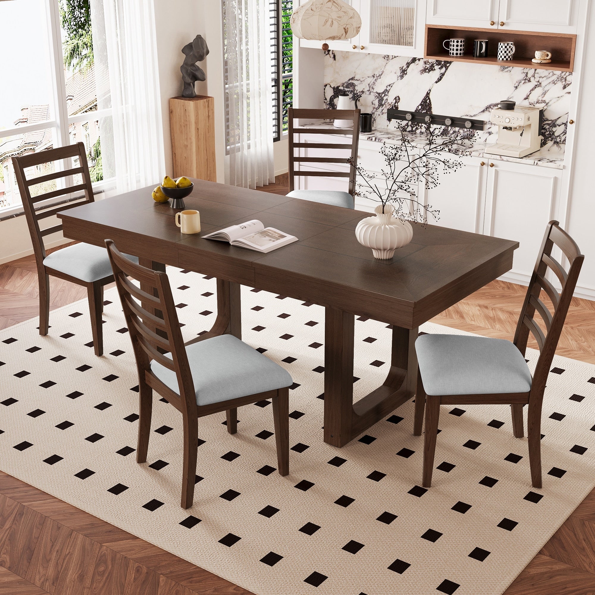 5 Piece Extendable Dining Table Set With Rustic Wooden Table And Comfortable Upholstered Chairs