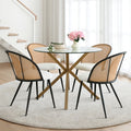 5 Piece Glass Round Dining Table Set With Mesh Rattan Backrest Chairs