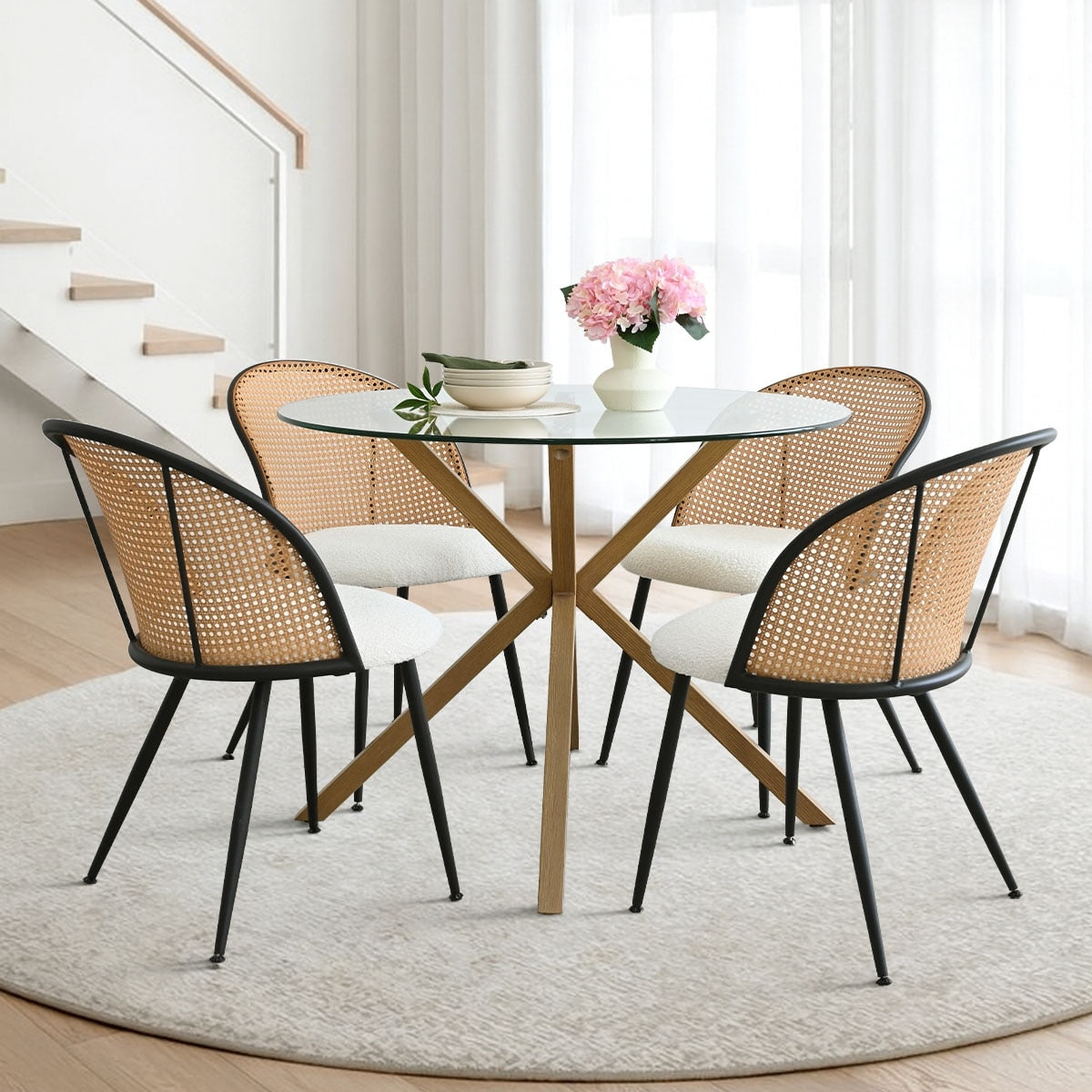 5 Piece Glass Round Dining Table Set With Mesh Rattan Backrest Chairs