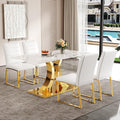 5 Piece Marble Pattern Tempered Glass Dining Set 63 Inch Table With 4 Minimalist Chairs Modern Style