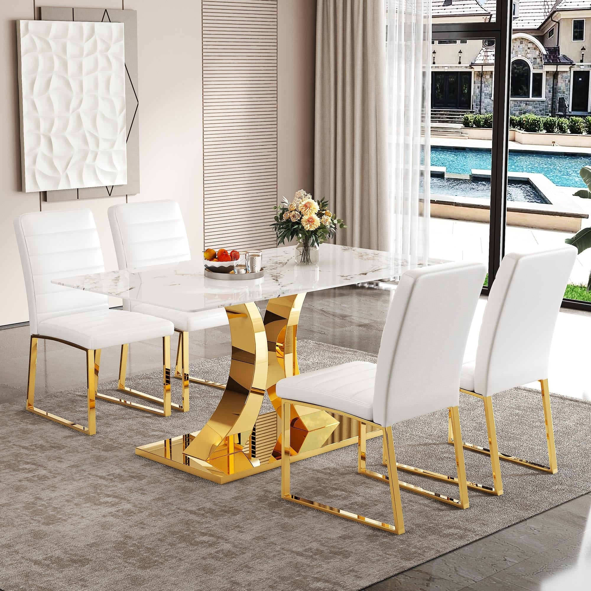 5 Piece Marble Pattern Tempered Glass Dining Set 63 Inch Table With 4 Minimalist Chairs Modern Style