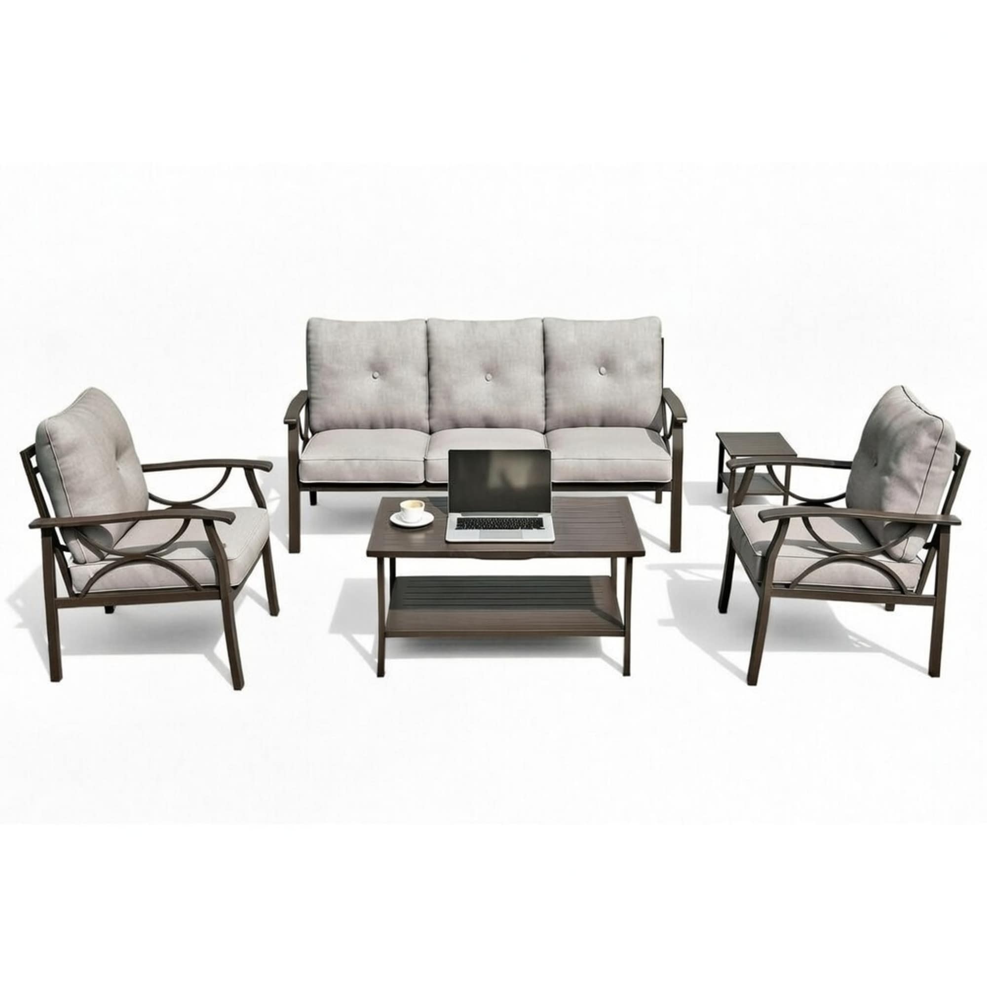 5 Piece Metal Patio Set 5 Seat Conversation Sofa With 4 Gray Cushions