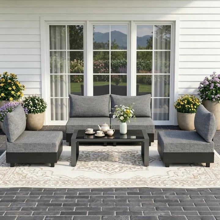 5 Piece Modular Patio Set With Aluminum Frame Tempered Glass Top Coffee Table