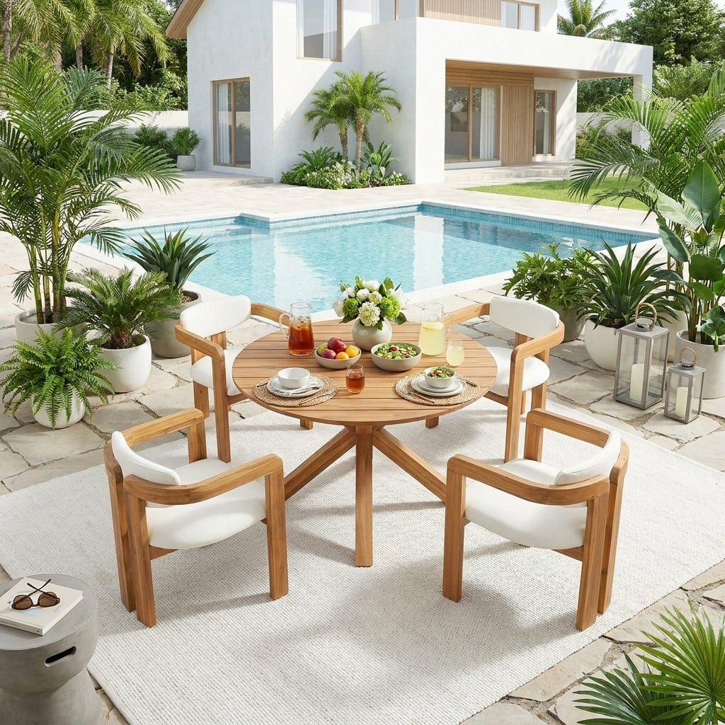 5 Piece Outdoor Acacia Dining Set With Round Slatted Table Ergonomic Barrel Armchairs By Leisure Zone
