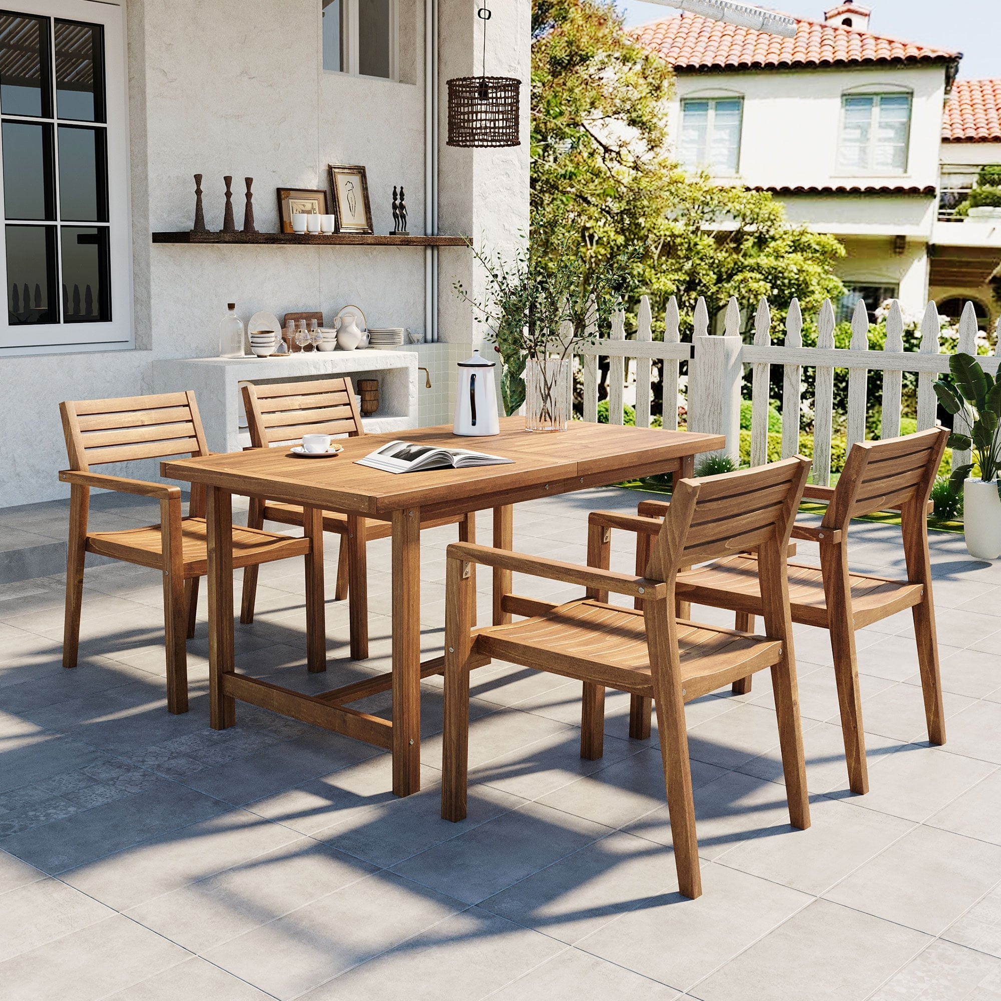 5 Piece Outdoor Acacia Wood Dining Set Of 4 59 Rectangular Table With Umbrella Hole For Patio Lawn Garden Poolside Indoor Use
