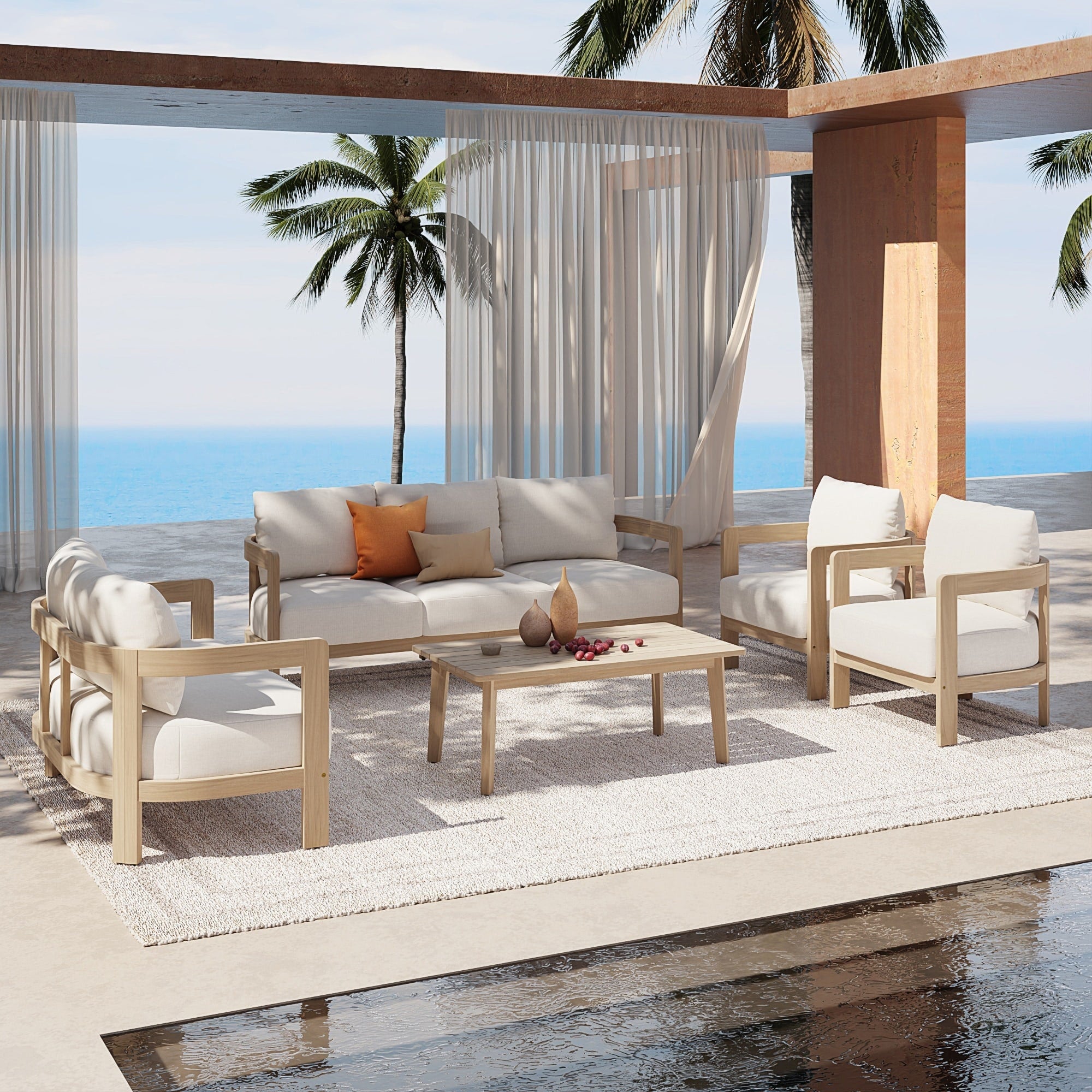 5 Piece Outdoor Conversation Set Acacia Wood 3 Seater Sofa Loveseat And Arm Chair With Coffee Table