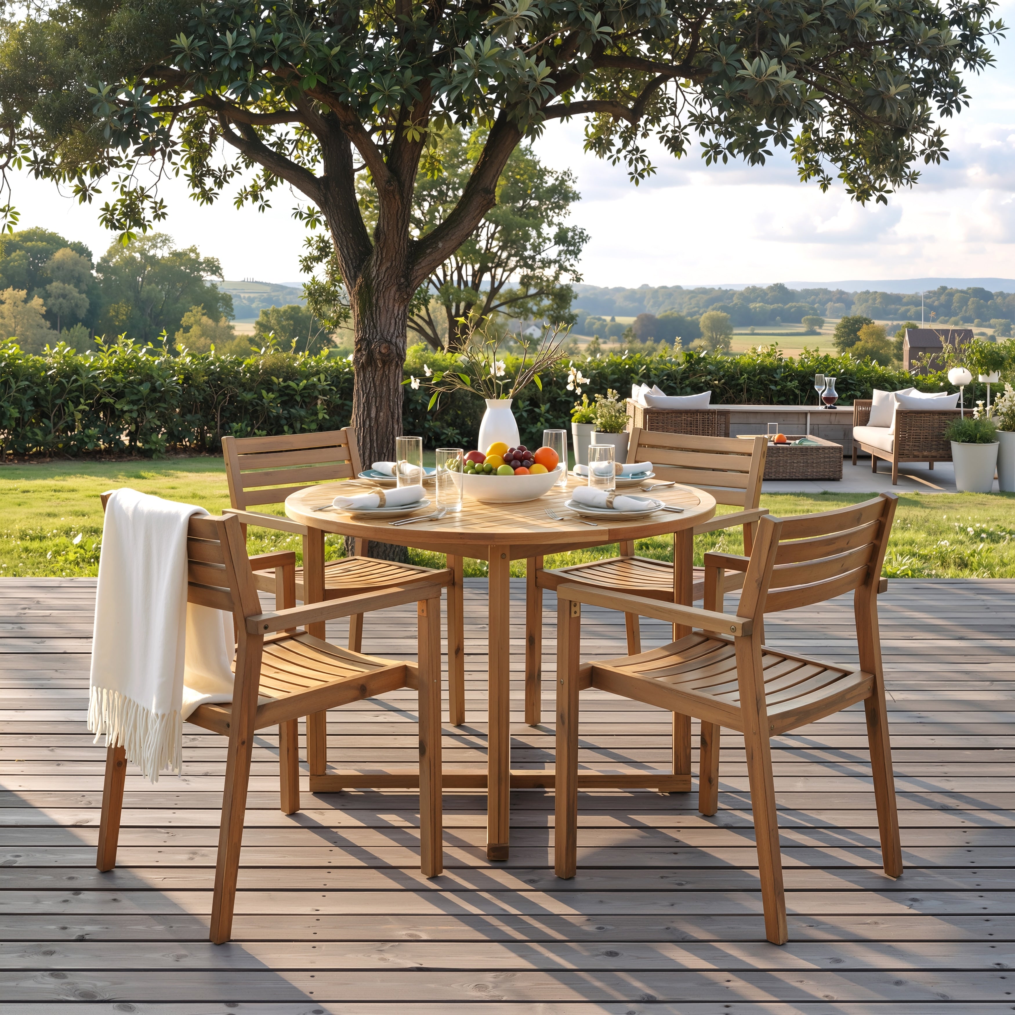 5 Piece Outdoor Dining Set With 4 Chairs 47.2 Round Dining Table With Slatted Design For Patios Gardens Poolsides Lawn Indoor