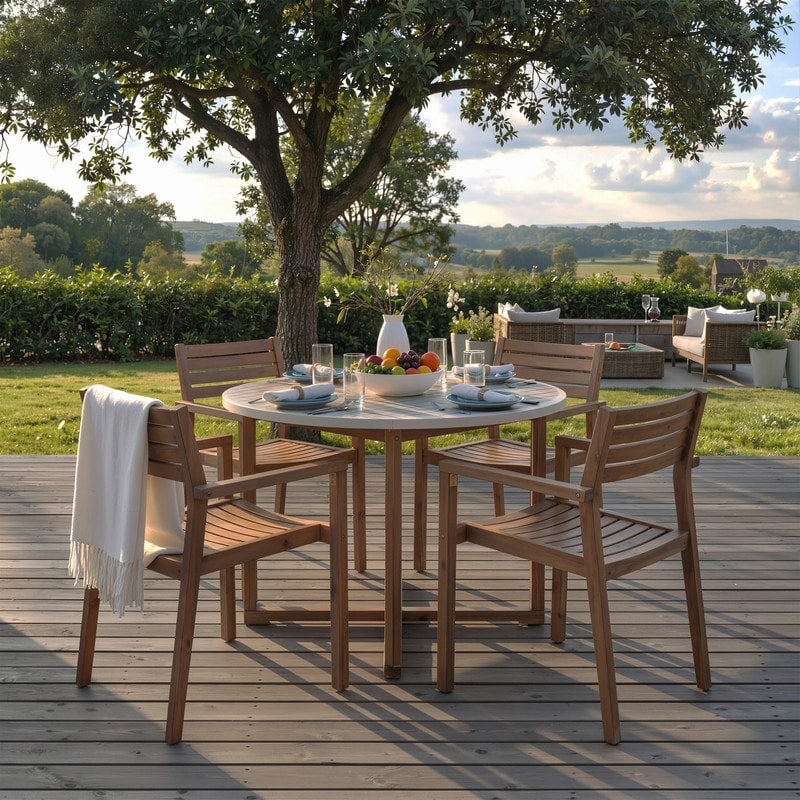 5 Piece Outdoor Dining Set With Acacia Wood Chairs And Round Table For Patios And Gardens