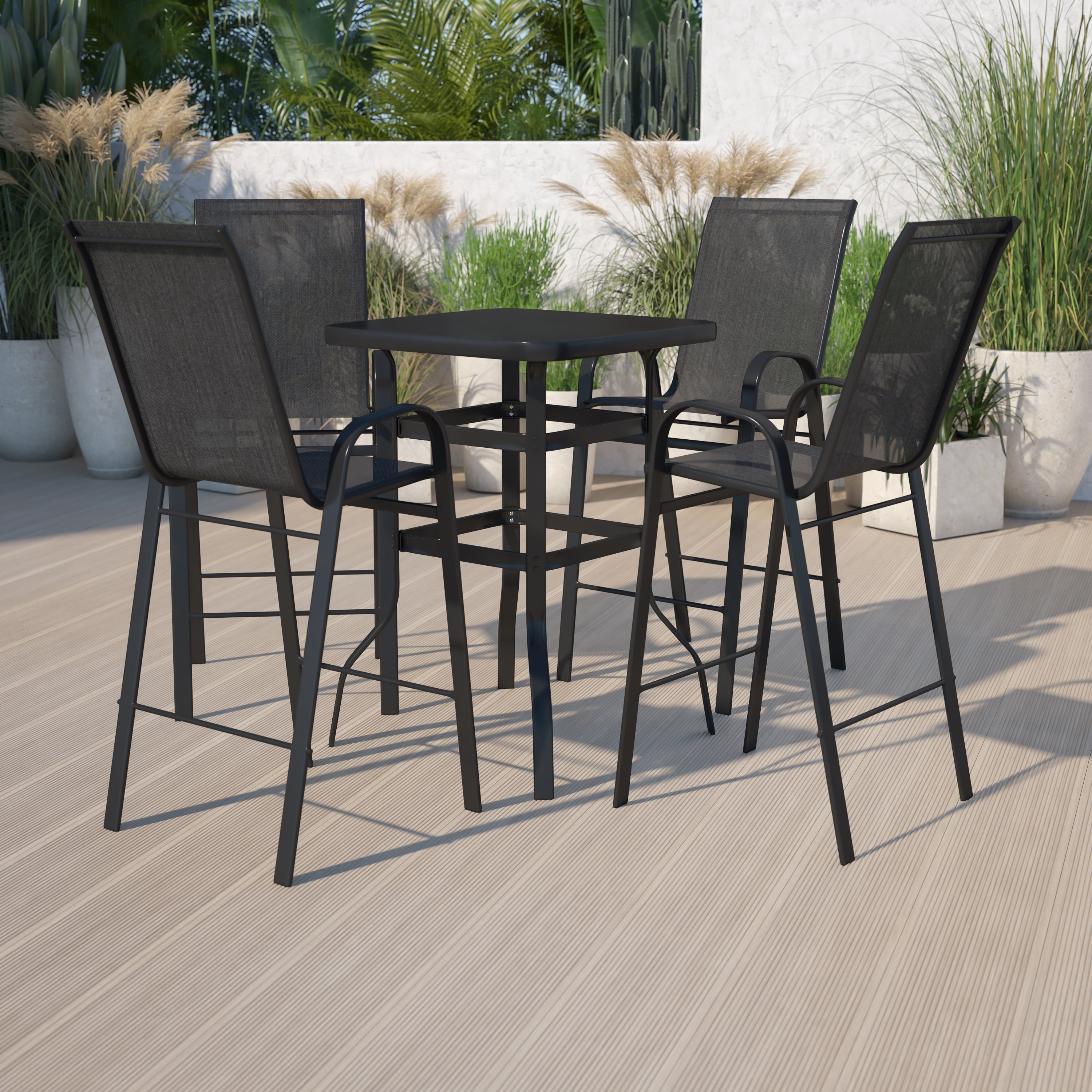 5 Piece Outdoor Glass Bar Patio Table Set With 4 Barstools