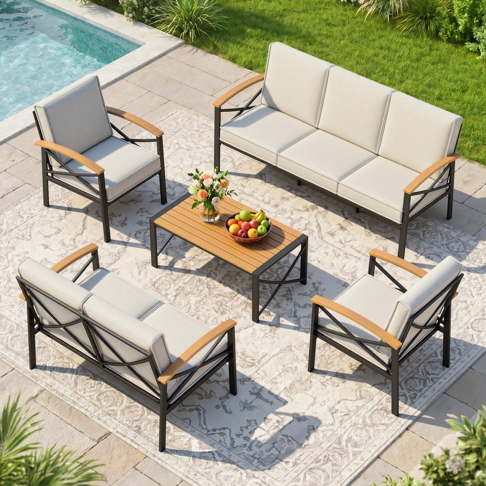 5 Piece Outdoor Patio Conversation Set With Cushioned Chairs All Weather Furniture