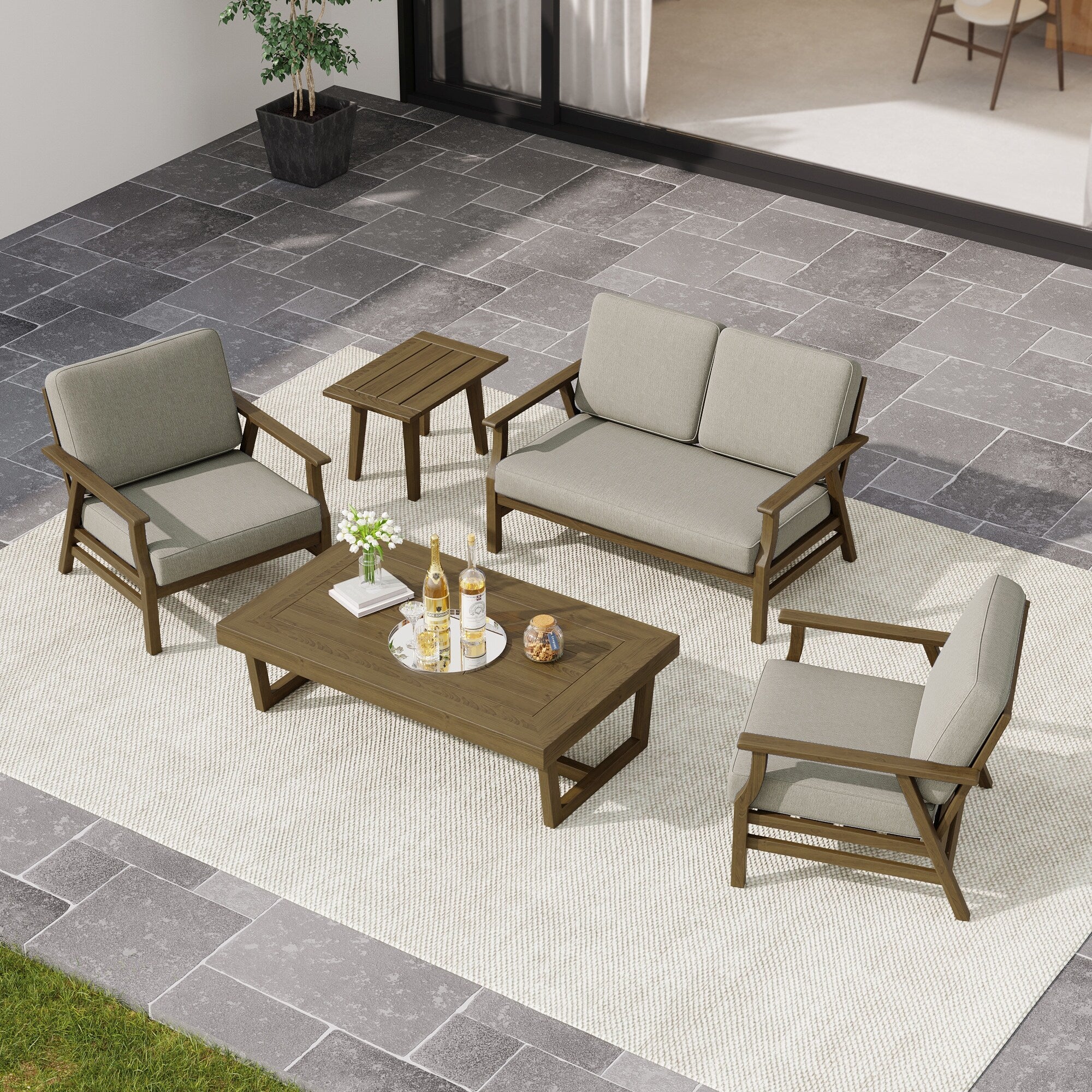 5 Piece Outdoor Patio Conversation Set With Cushions
