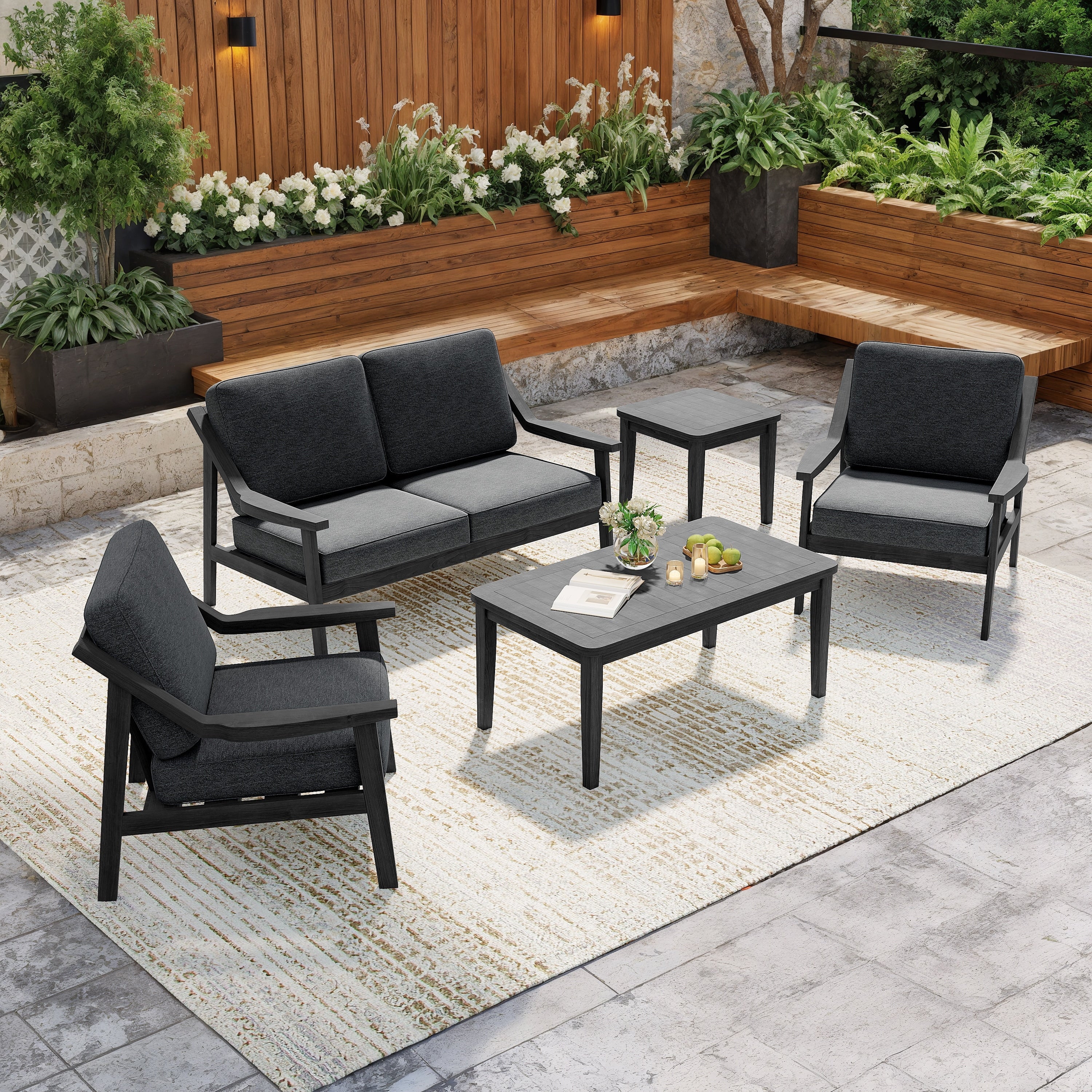 5 Piece Outdoor Sectional Wood Conversation Set With Table