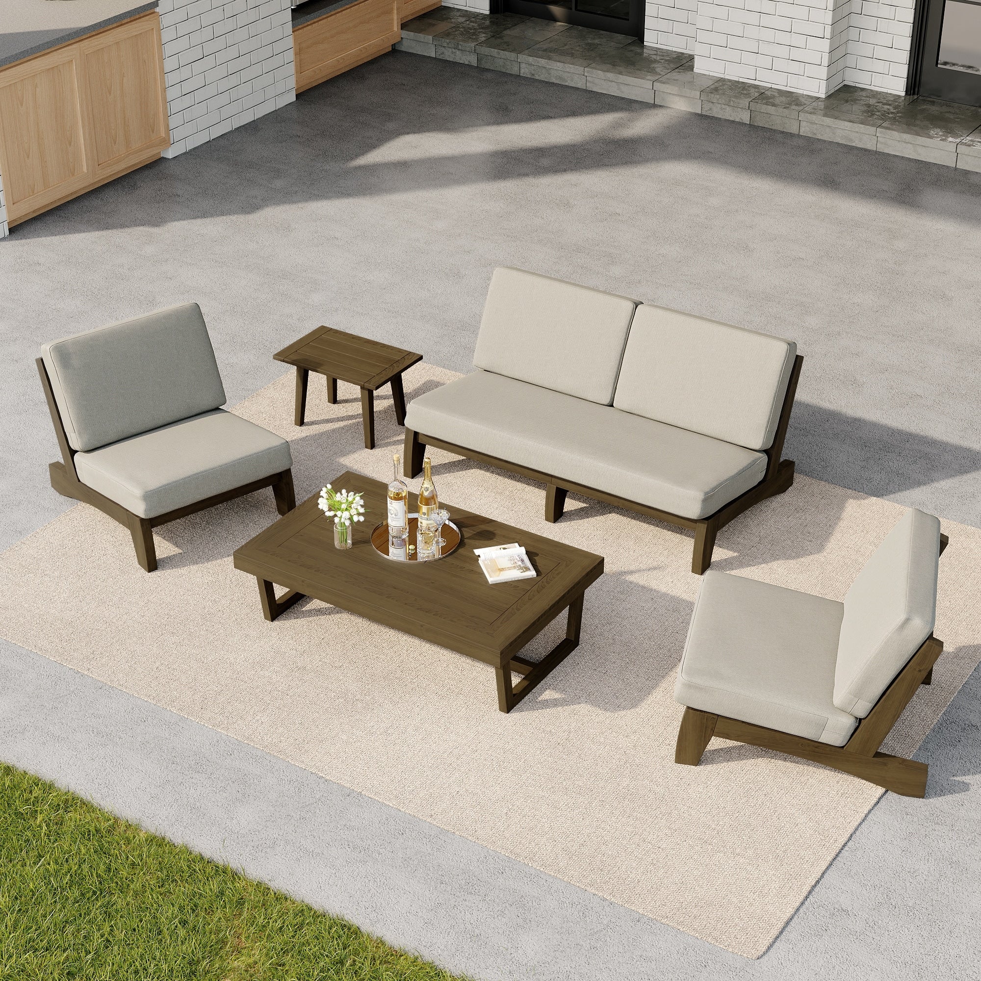 5 Piece Outdoor Teak Wood Loveseat Armless Sofa Table Patio Set