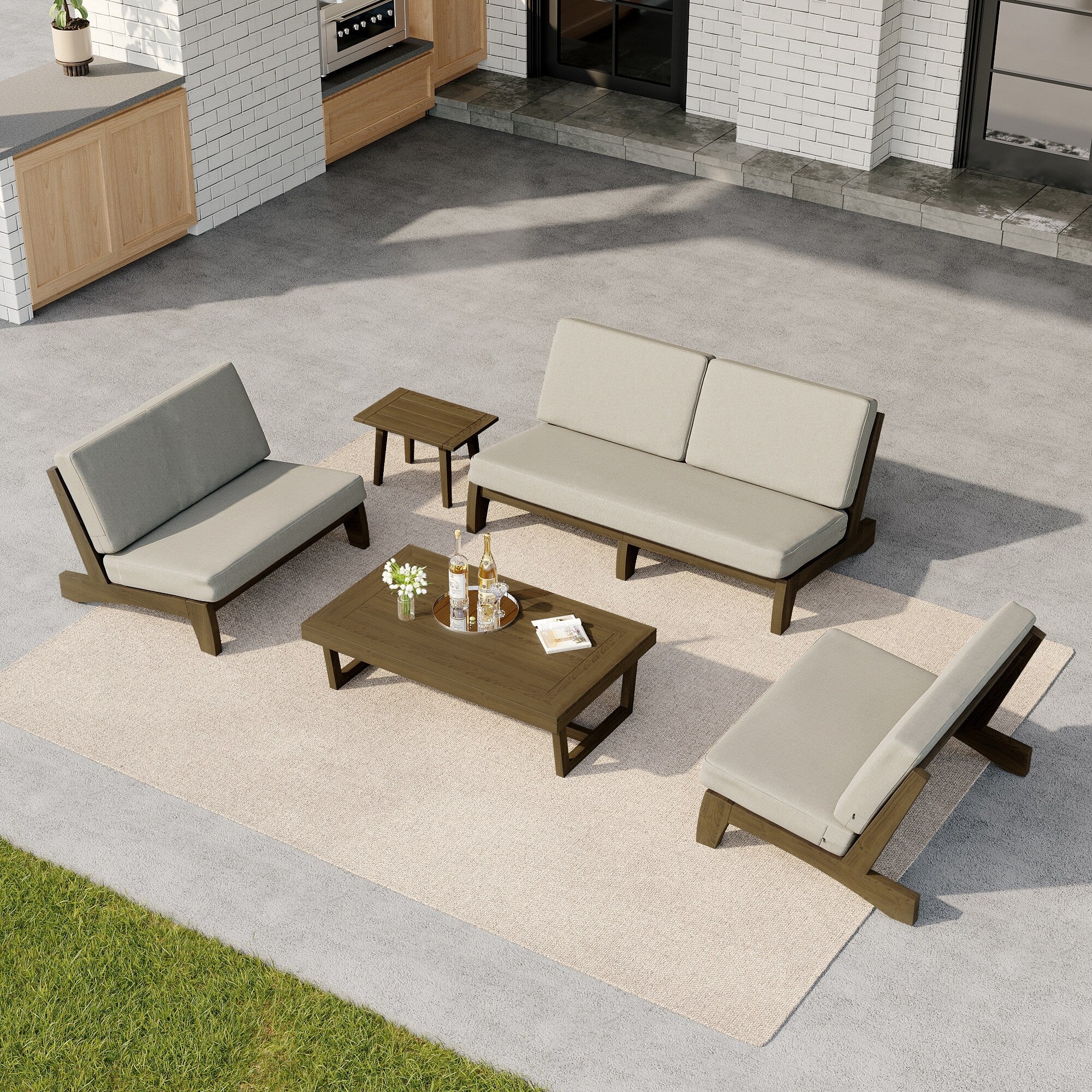 5 Piece Outdoor Teak Wood Loveseat Sofa Table Patio Set With Cushion