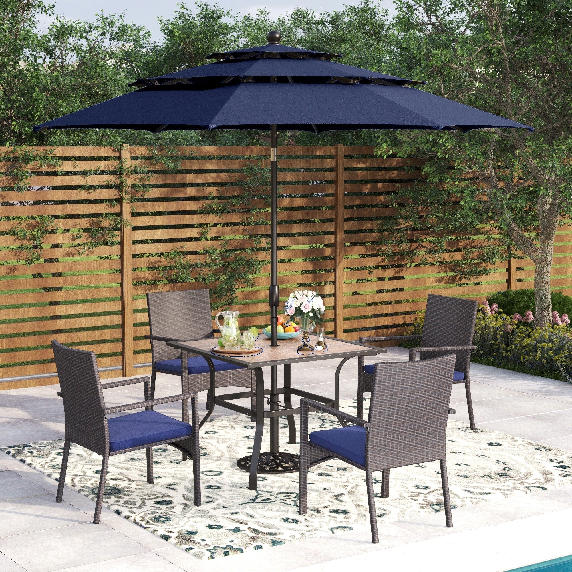 Phi Villa Seats Up To 4 5 Piece Patio Dining Sets 36 Square Acacia Wood Table And Stackable Armrest Chairs