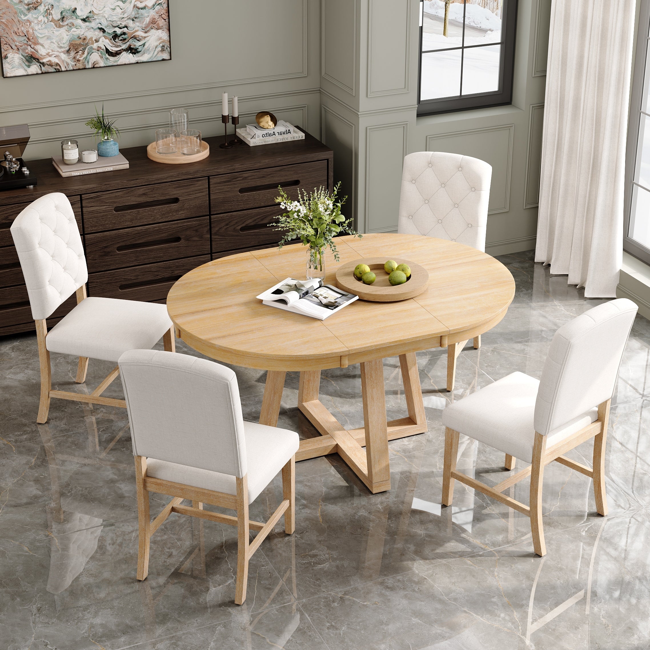 5 Piece Retro Dining Set With Round Table And Upholstered Chairs For Stylish Dining Room Decor