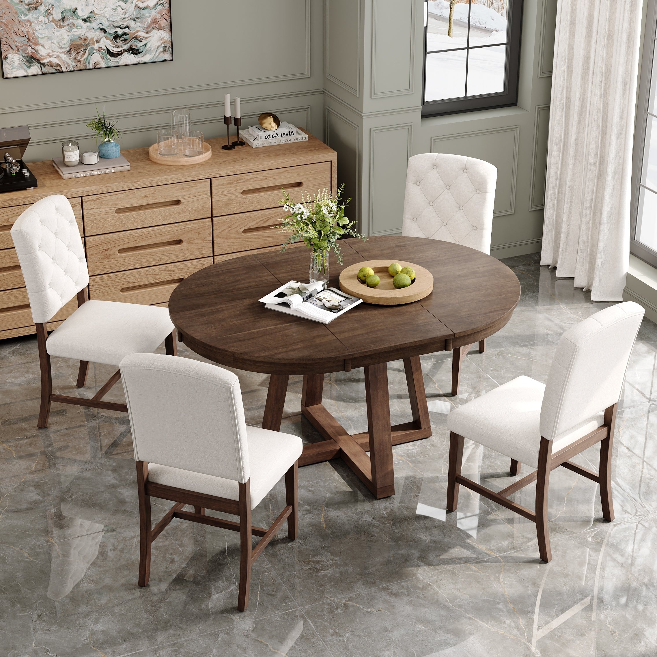 5 Piece Retro Functional Dining Set Round Table With A 16 W Leaf And 4 Upholstered Chairs For Dining Room And Living Room