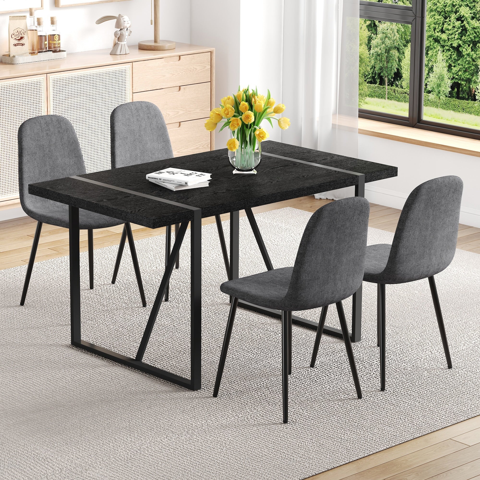5 Piece Retro Rectangular Dining Table Set 55 Inch Textured Top Table 4 High Resilience Fabric Chairs